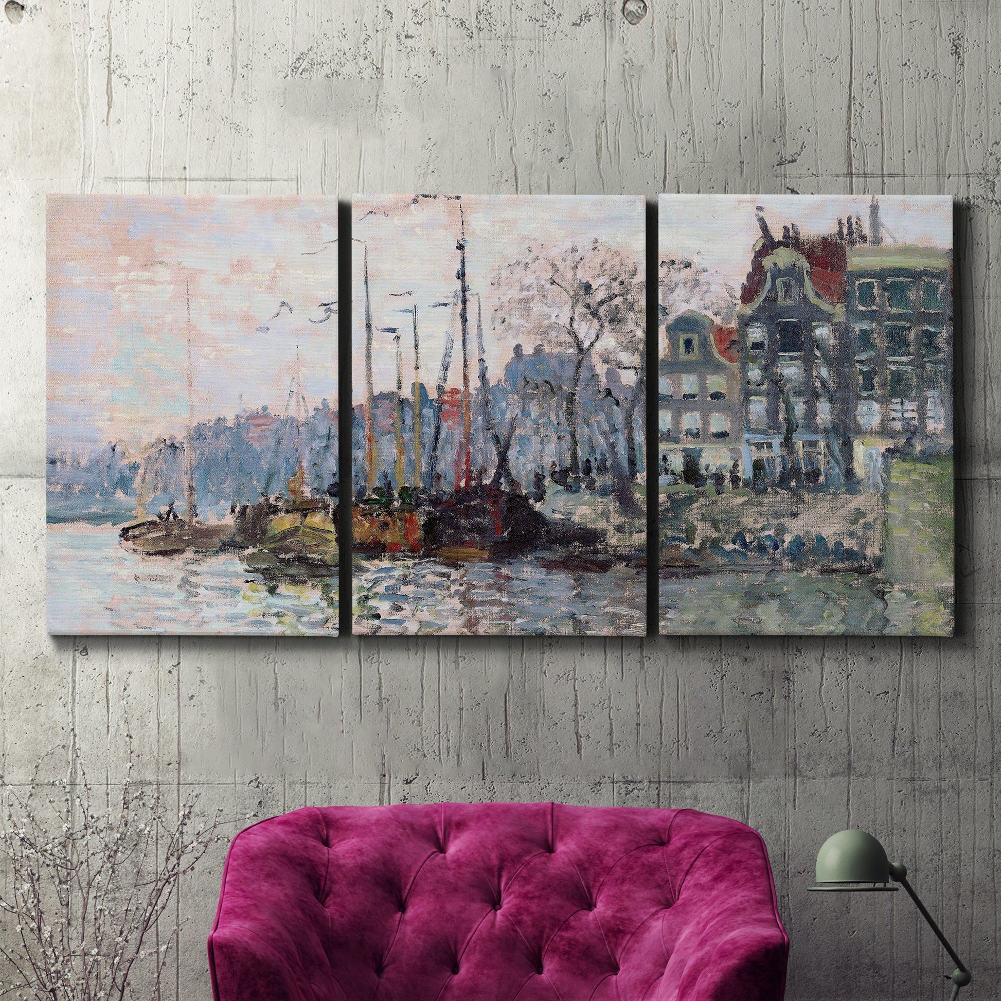 Three-panel canvas wall art featuring historic canal view with boats, displayed in a living room above a suede accent chair.