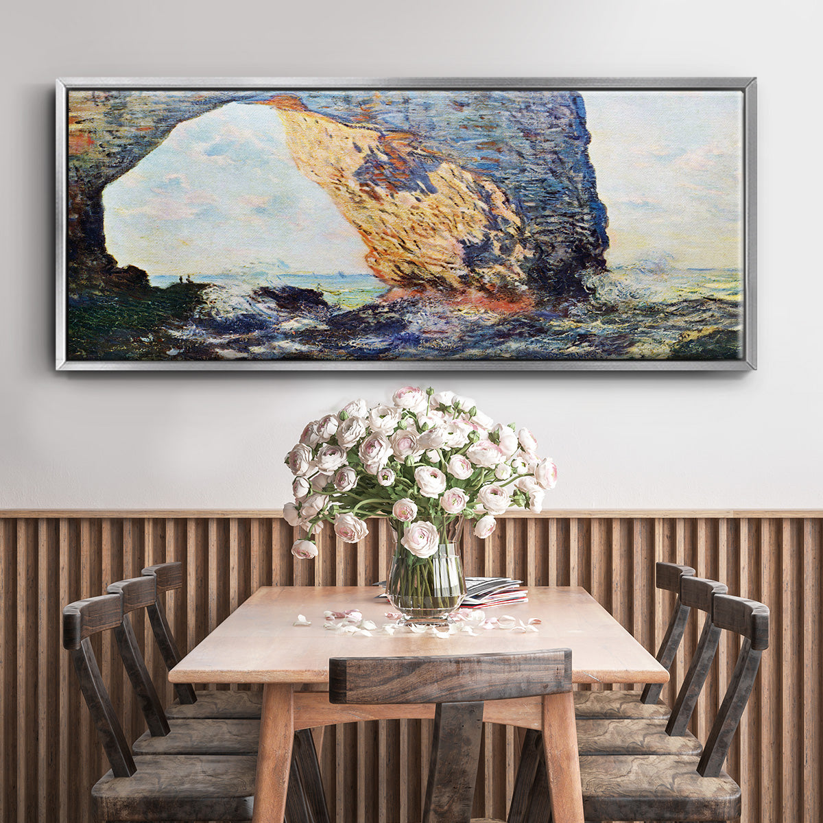 The rocky cliffs of Ã‰tretat (La Porte man) [1] by Monet - Floater Framed Canvas Print