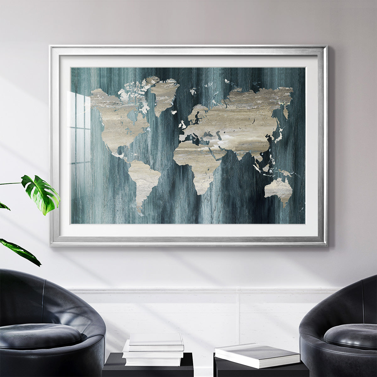Navy World Map - Modern Framed Art Print
