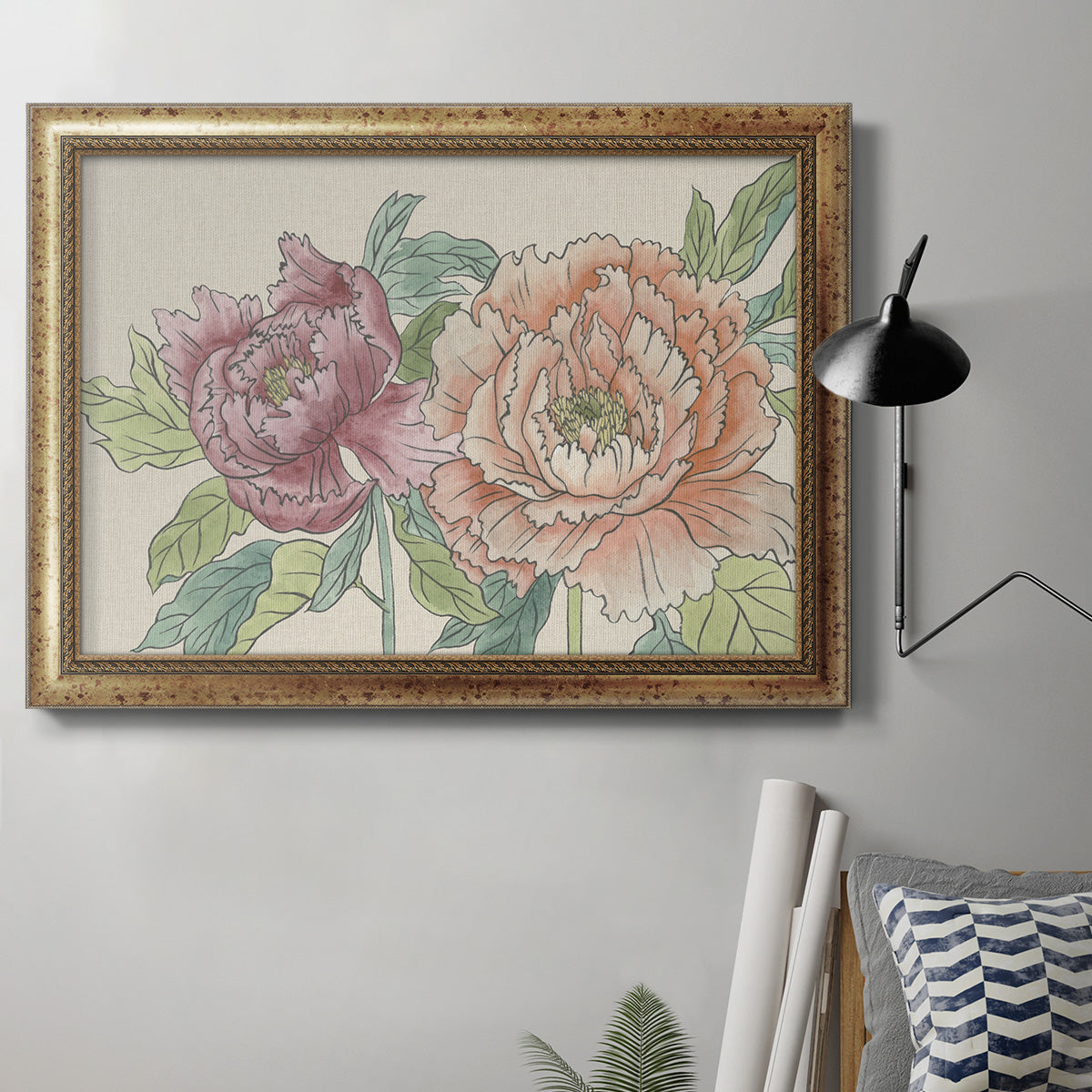 Modern peony floral drawing in an ornate vintage gold frame displayed in a neutral interior setting.