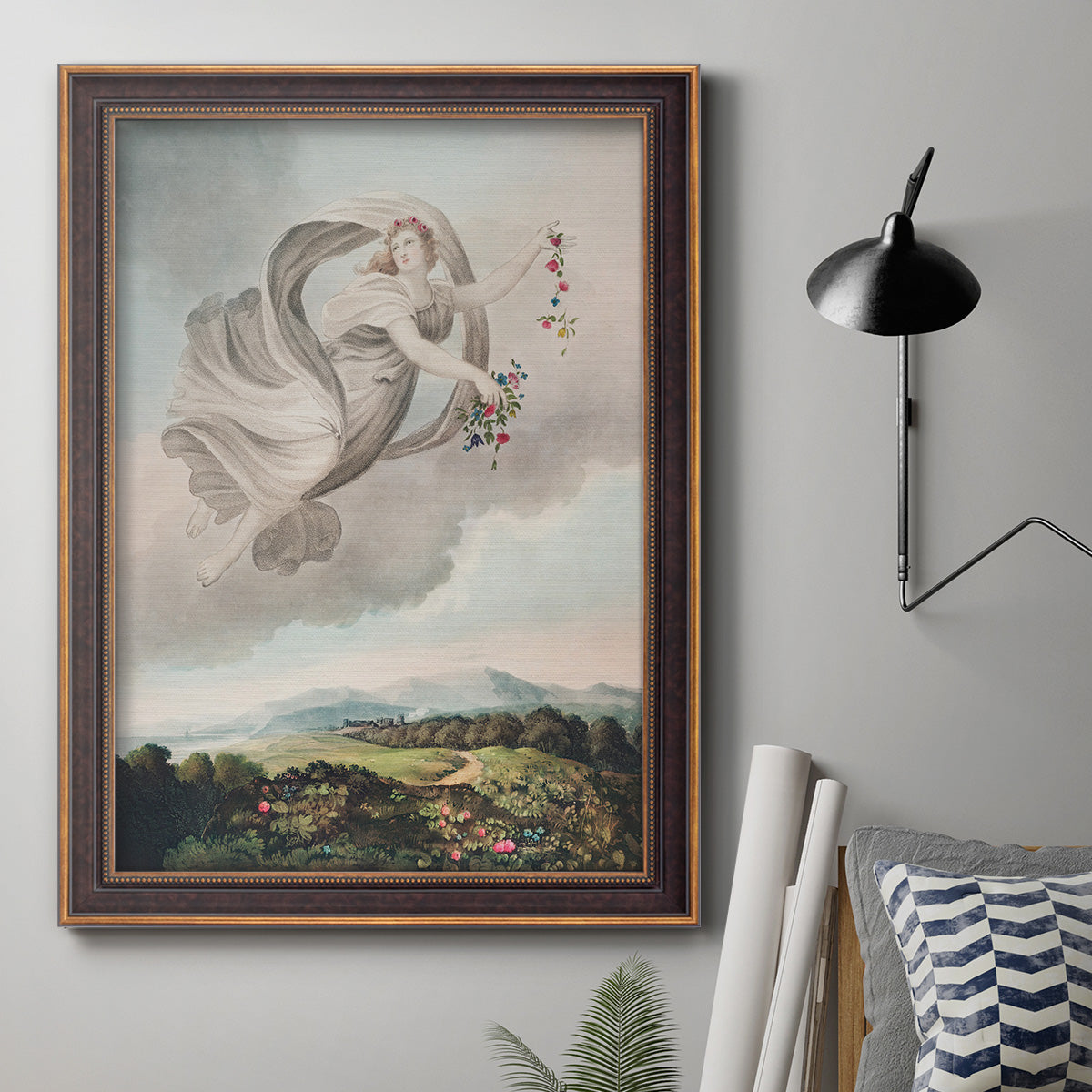 Classical allegorical depiction of the goddess Flora by Robert John Thornton in an ornate bronzed mahogany wood frame displayed in a neutral interior setting.