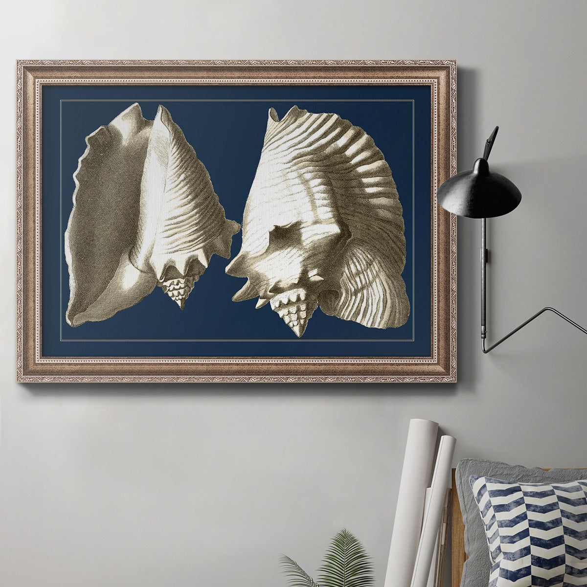 Conch Shells on Navy I Premium Framed Canvas- Ready to Hang