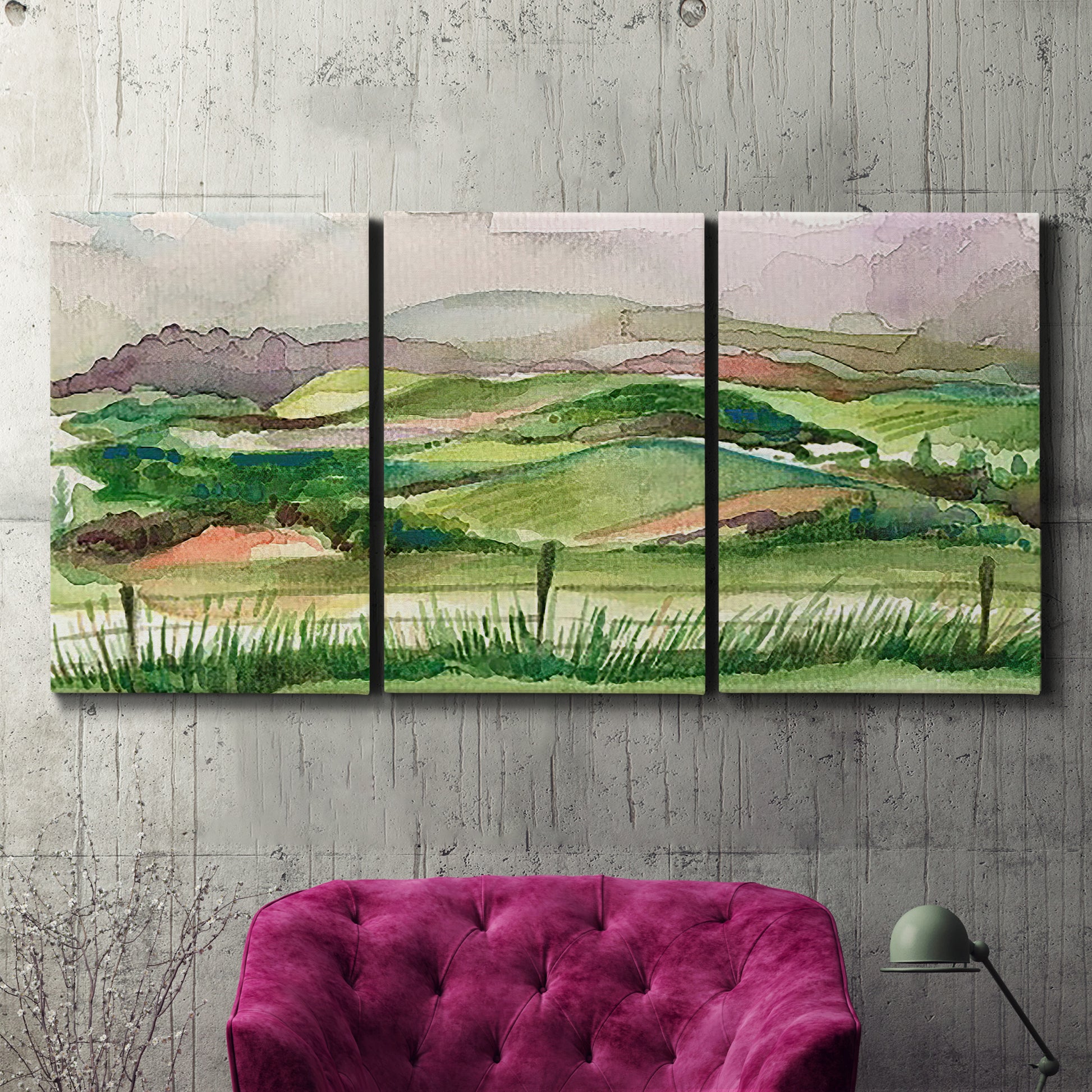 Three-panel canvas wall art featuring rainy landscape with soft atmosphere, displayed in a living room above a suede accent chair.