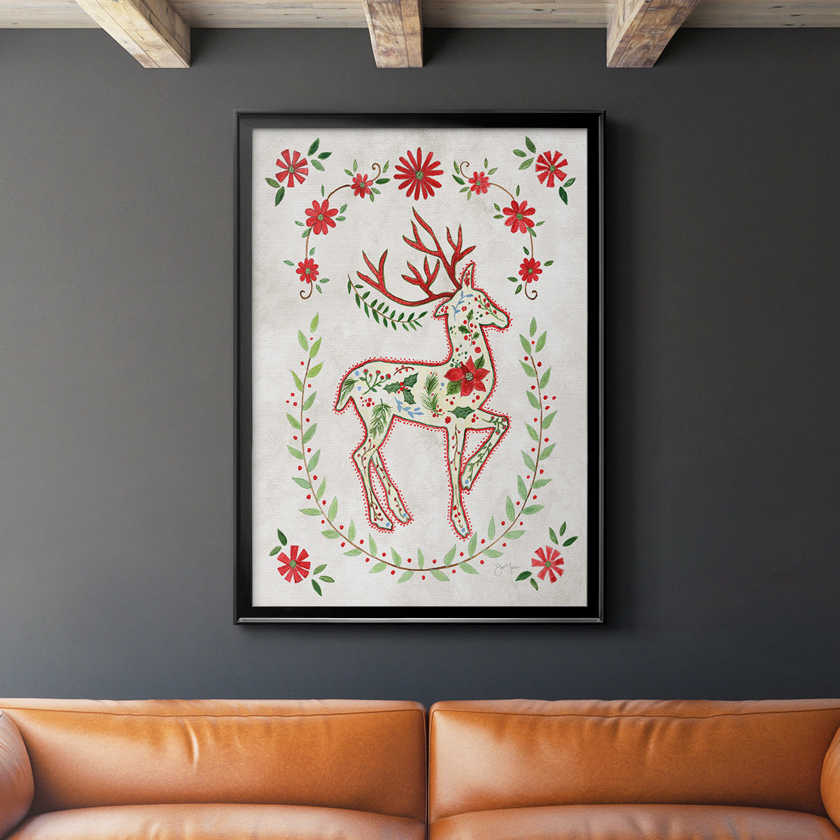 Christmas Folk Reindeer - Modern Framed Canvas Print