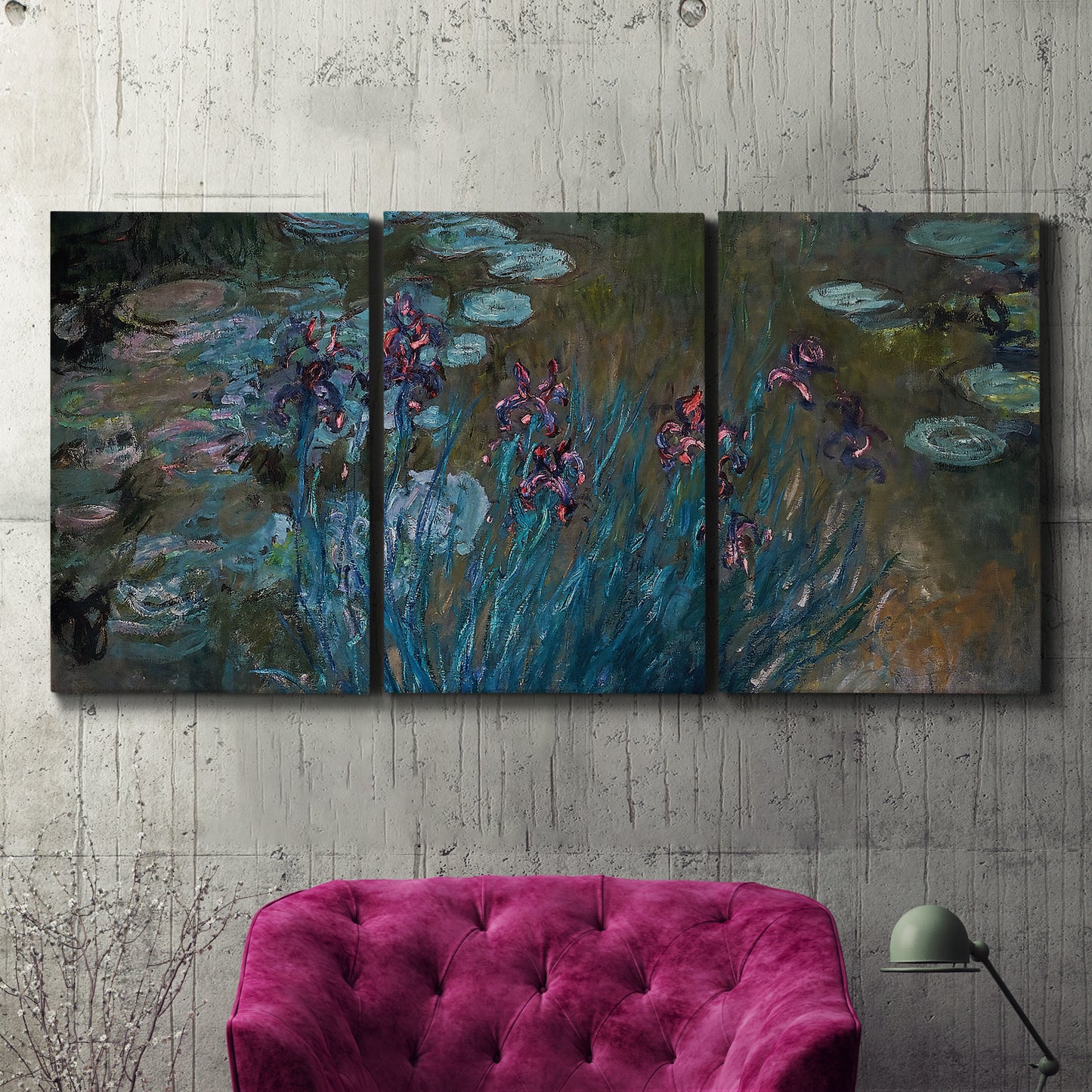 Three-panel canvas wall art featuring water lilies on reflective pond, displayed in a living room above a suede accent chair.
