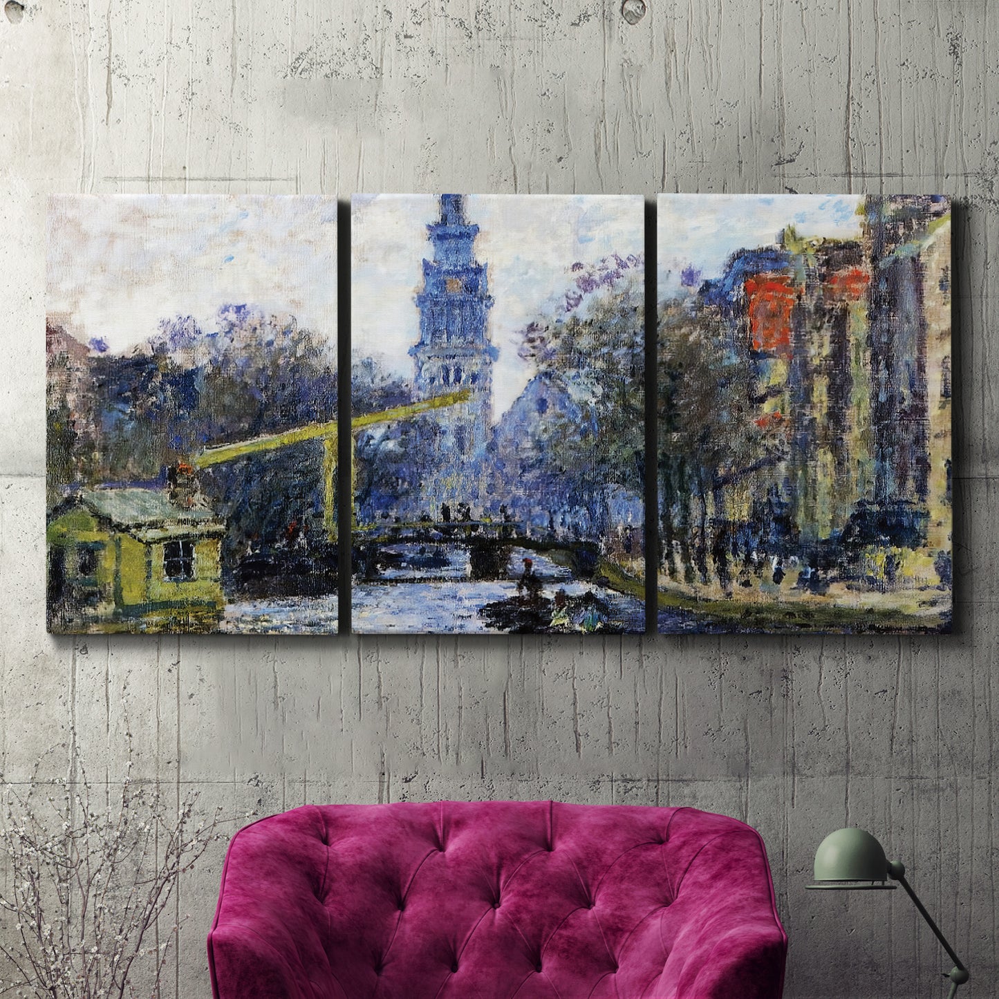 Three-panel canvas wall art featuring historic tower beside canal, displayed in a living room above a suede accent chair.