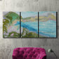 Three-panel canvas wall art featuring open landscape with landing strip, displayed in a living room above a suede accent chair.