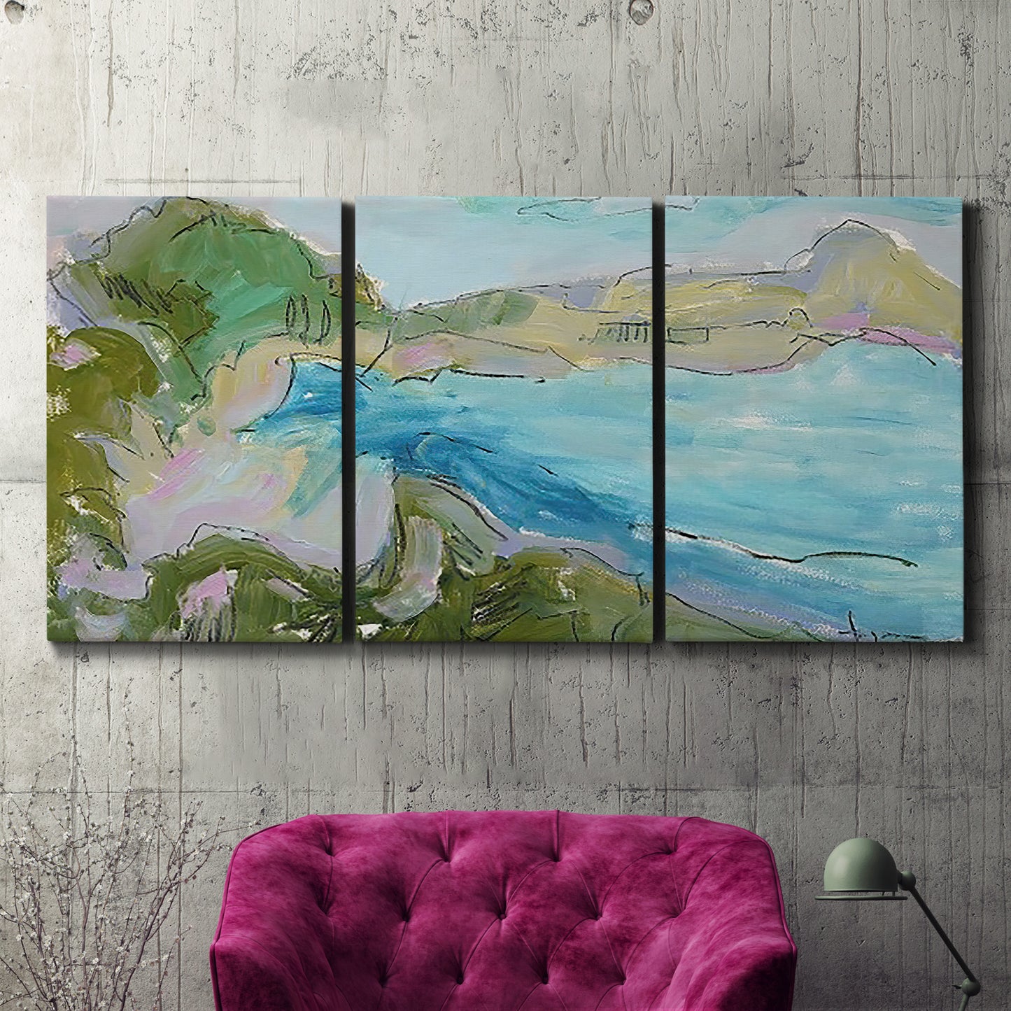 Three-panel canvas wall art featuring open landscape with landing strip, displayed in a living room above a suede accent chair.