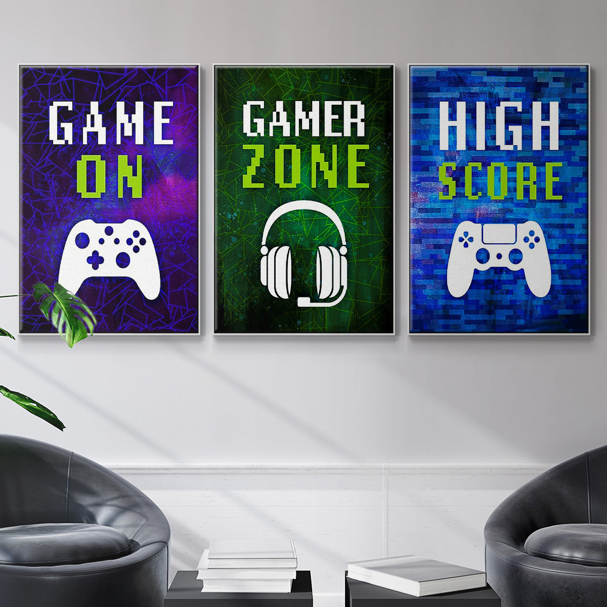 It's Game On I - Framed Premium Gallery Wrapped Canvas L Frame 3 Piece Set - Ready to Hang