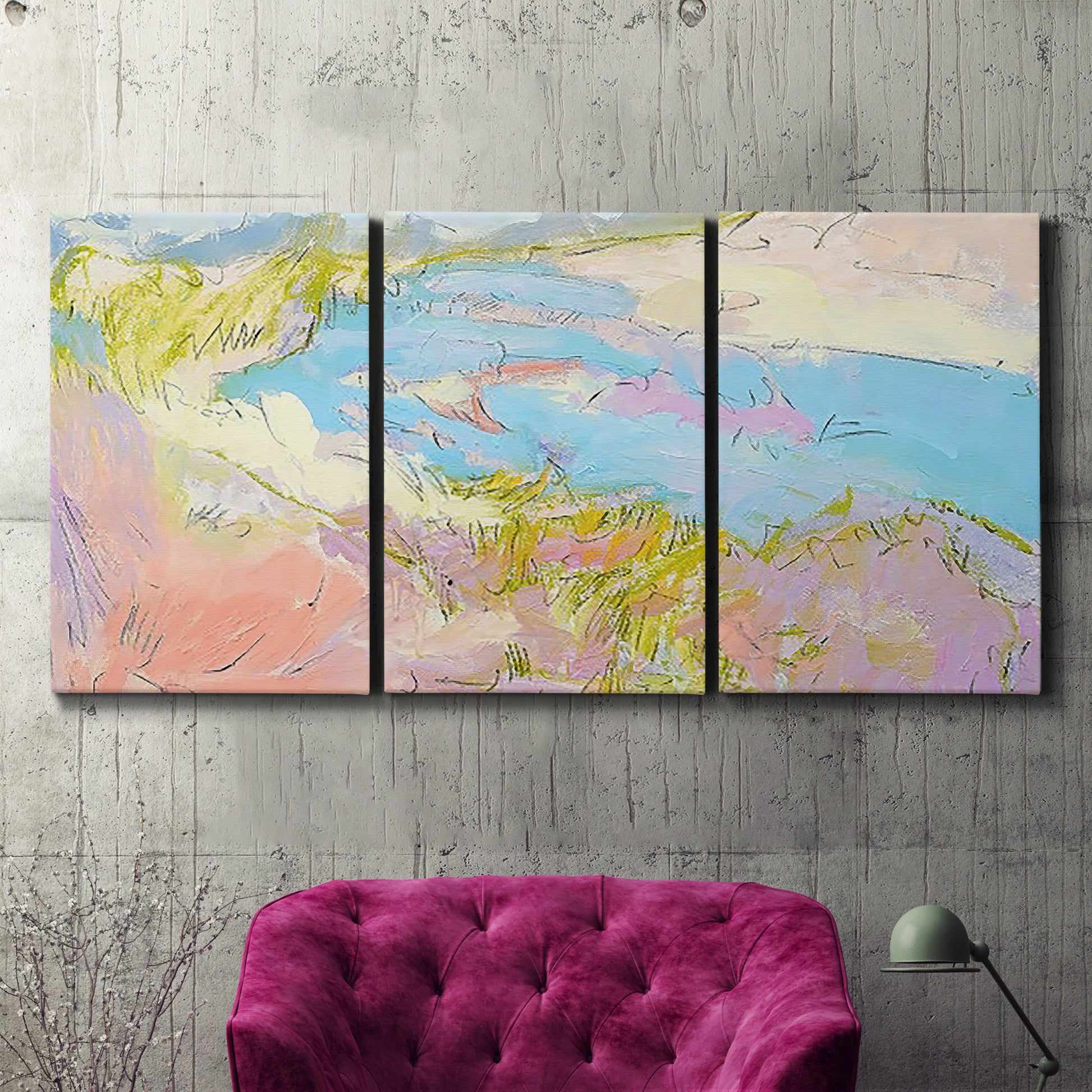 Three-panel canvas wall art featuring geometric mid century abstract blocks, displayed in a living room above a suede accent chair.