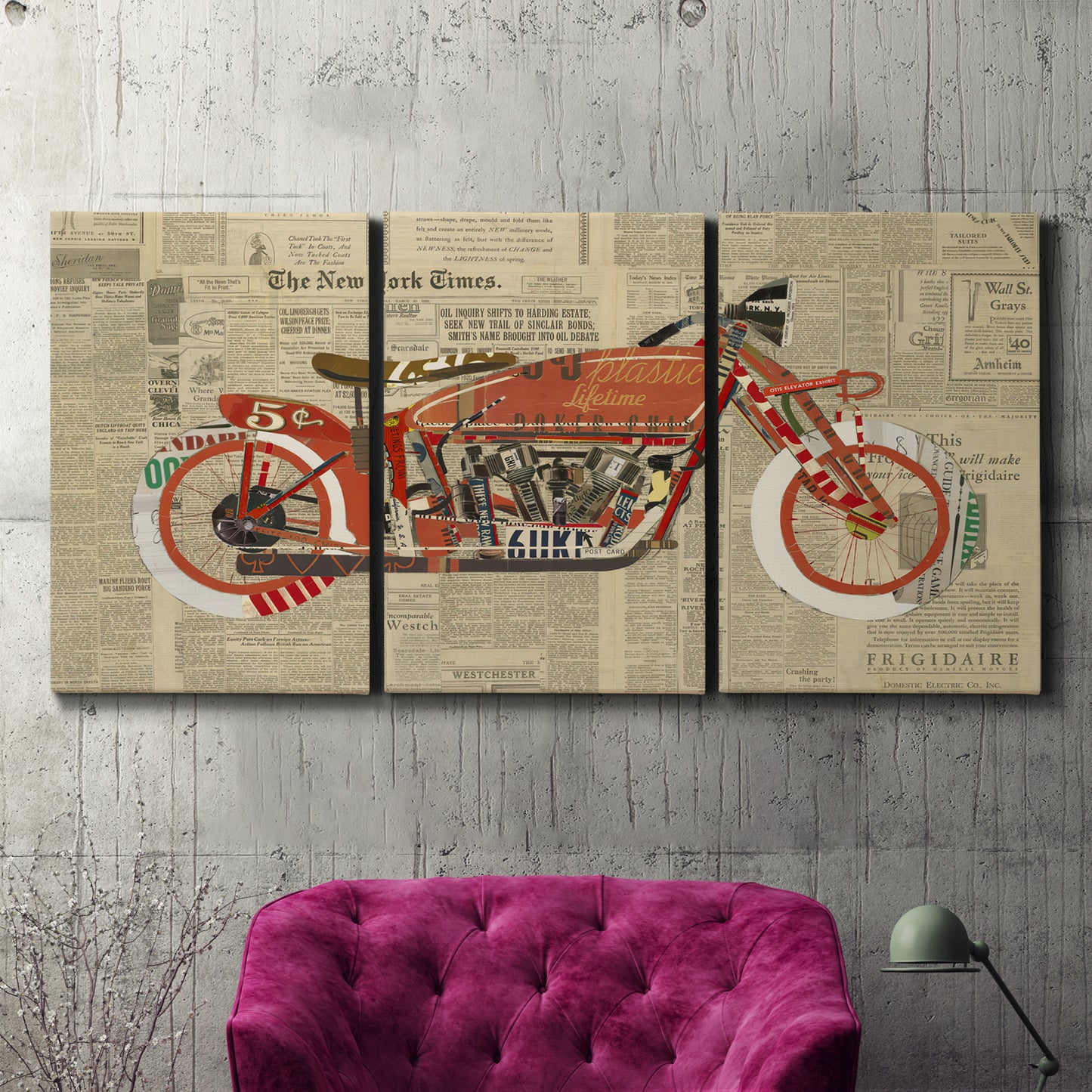 Three-panel canvas wall art featuring vintage red vehicle collage detail, displayed in a living room above a suede accent chair.