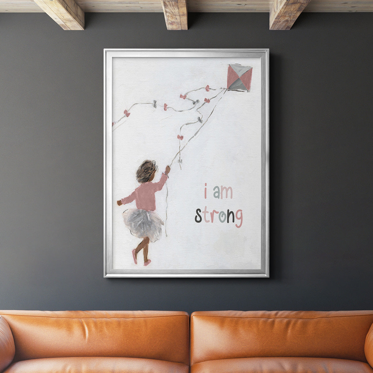 Girl Flying Kite - Modern Framed Canvas Print