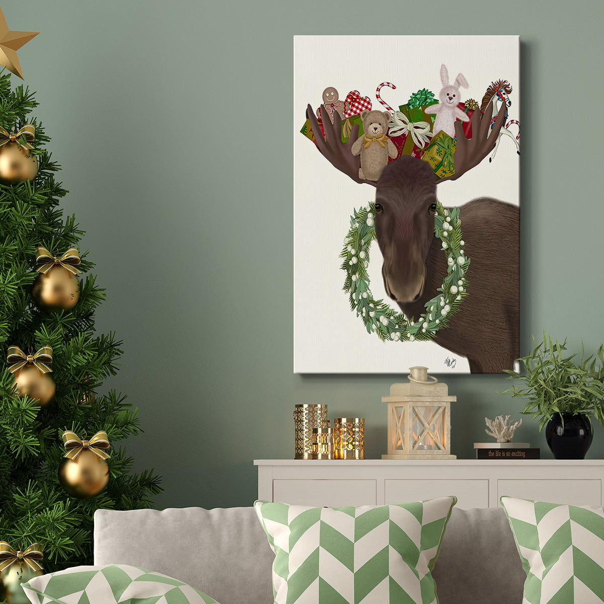 Christmas Moose and Christmas Gifts - Gallery Wrapped Canvas