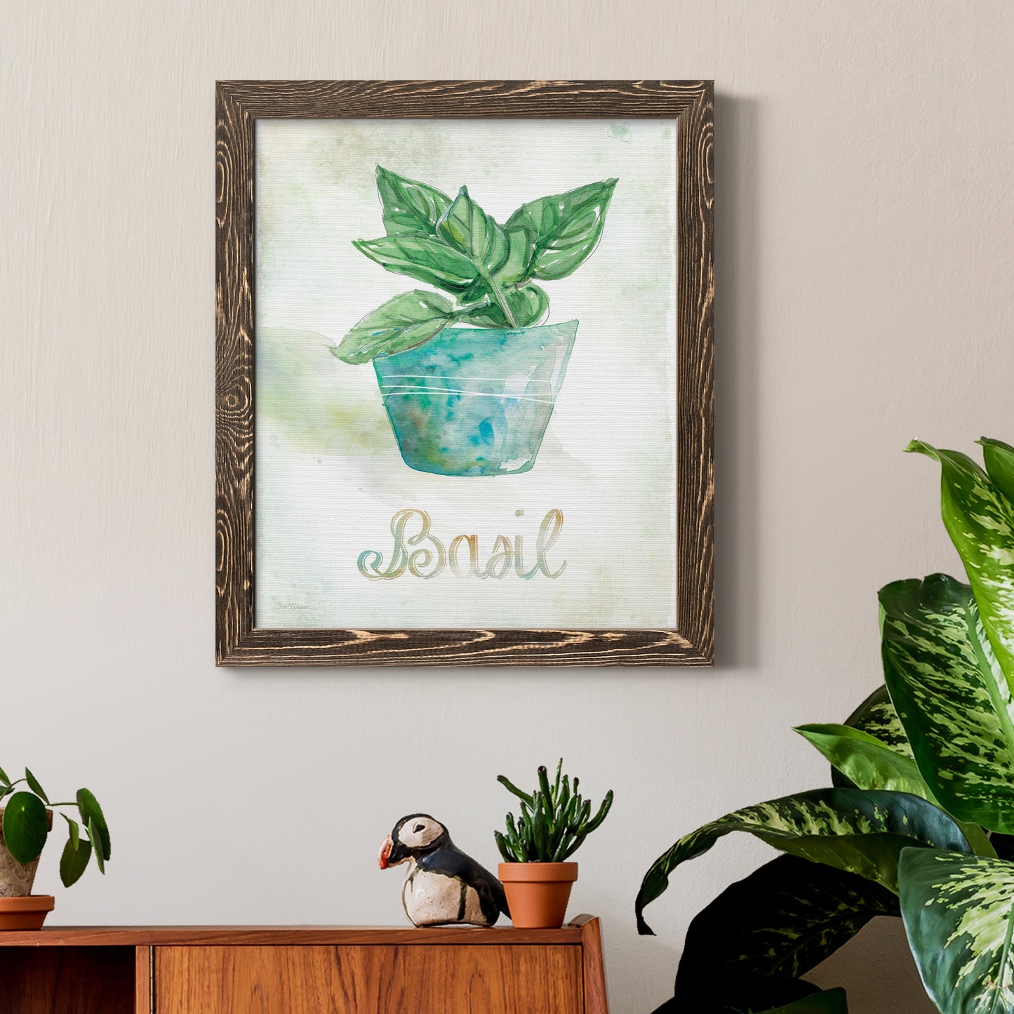 Potted Basil - Premium Canvas Framed in Barnwood - Ready to Hang