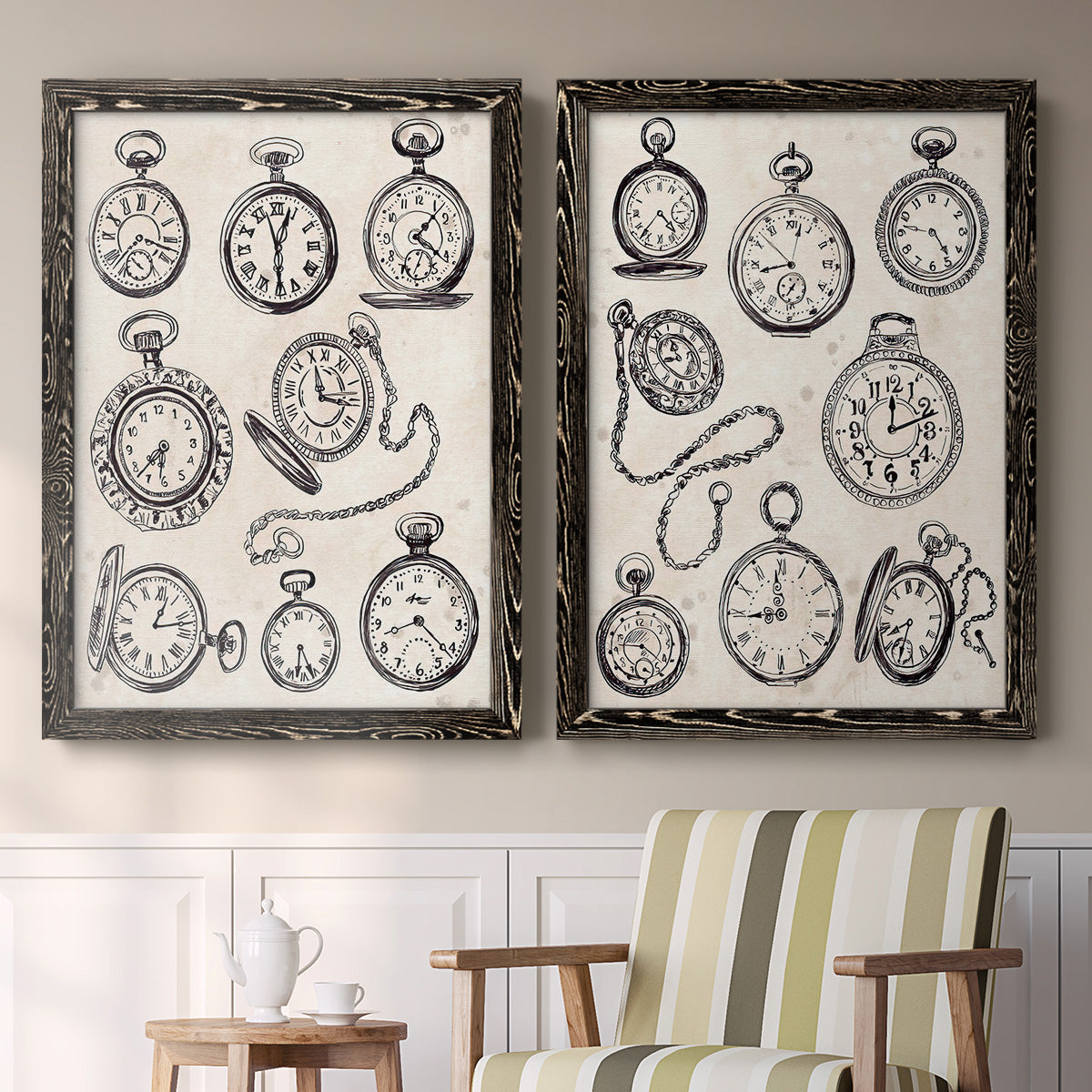 Pocket Watch Sketches I - Premium Framed Canvas 2 Piece Set - Ready to Hang