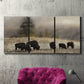 Three-panel canvas wall art featuring cattle grazing along ridge line, displayed in a living room above a suede accent chair.