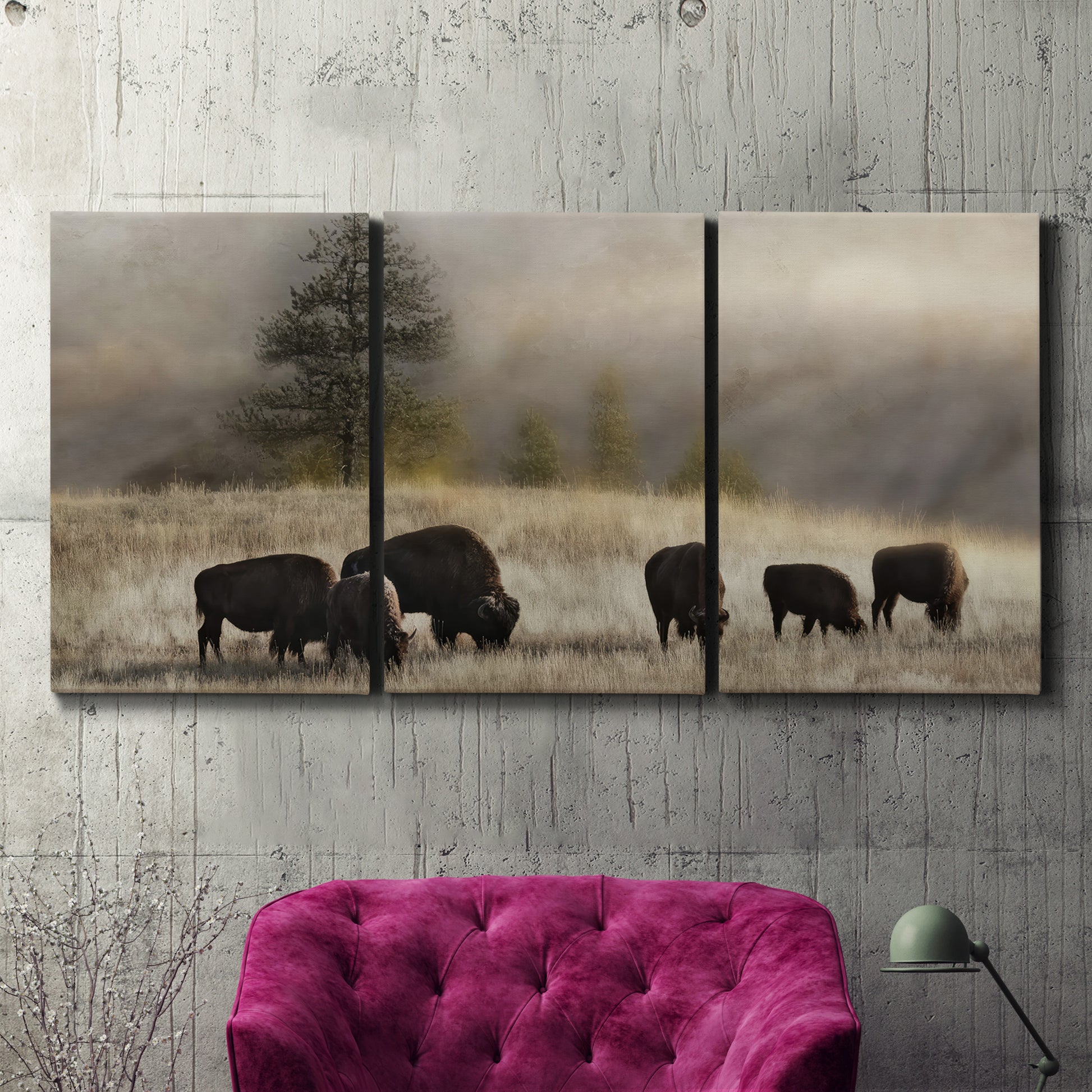 Three-panel canvas wall art featuring cattle grazing along ridge line, displayed in a living room above a suede accent chair.