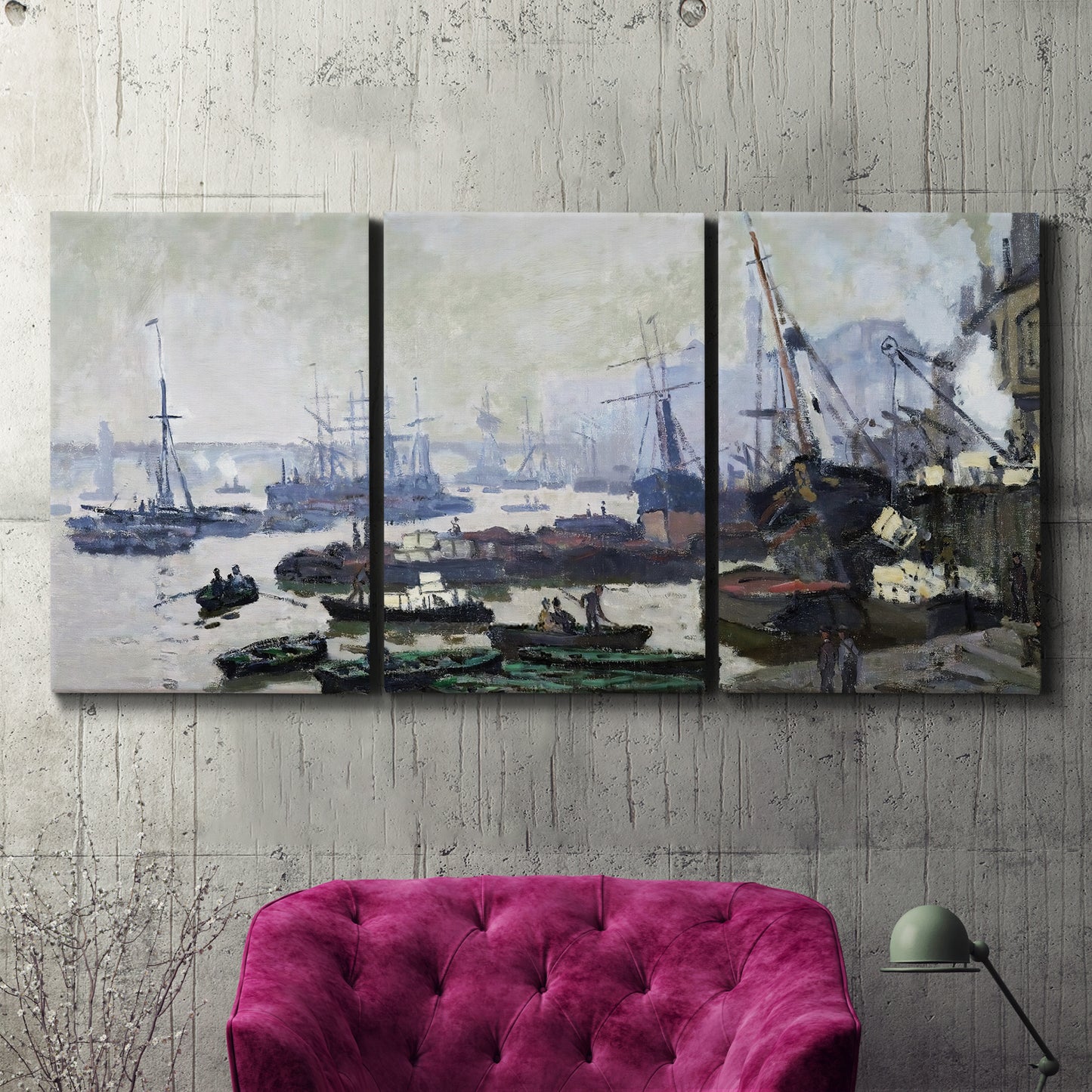 Three-panel canvas wall art featuring working harbor with docked boats, displayed in a living room above a suede accent chair.