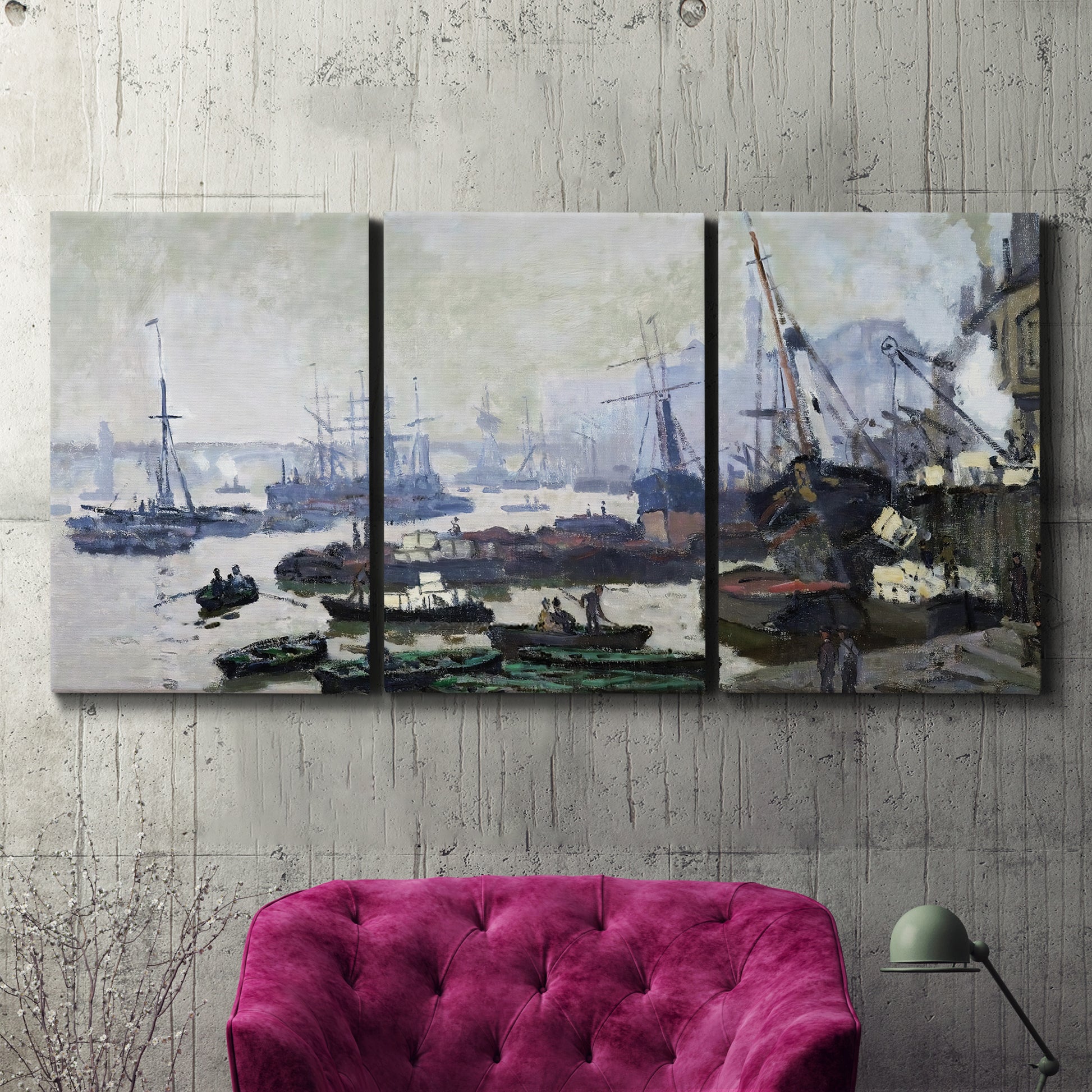 Three-panel canvas wall art featuring working harbor with docked boats, displayed in a living room above a suede accent chair.