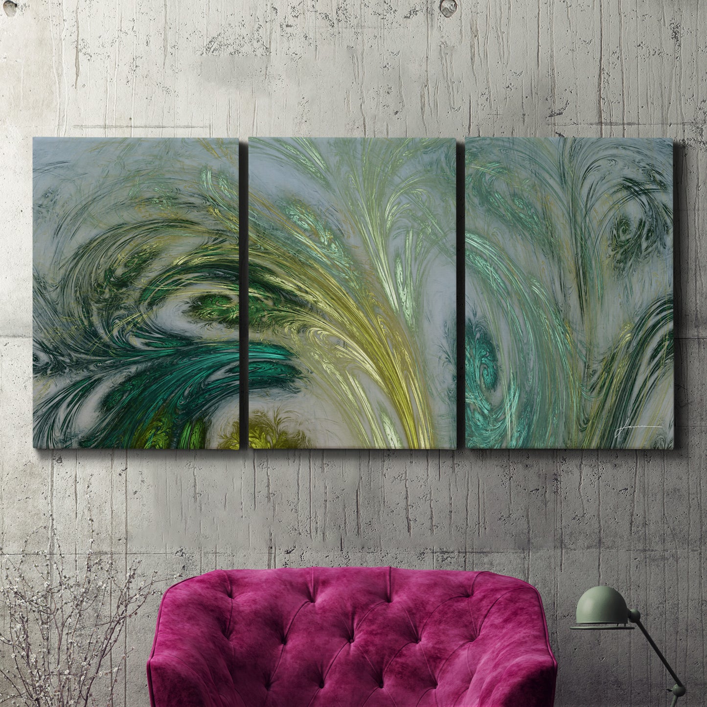Three-panel canvas wall art featuring layered modern abstract landscape, displayed in a living room above a suede accent chair.
