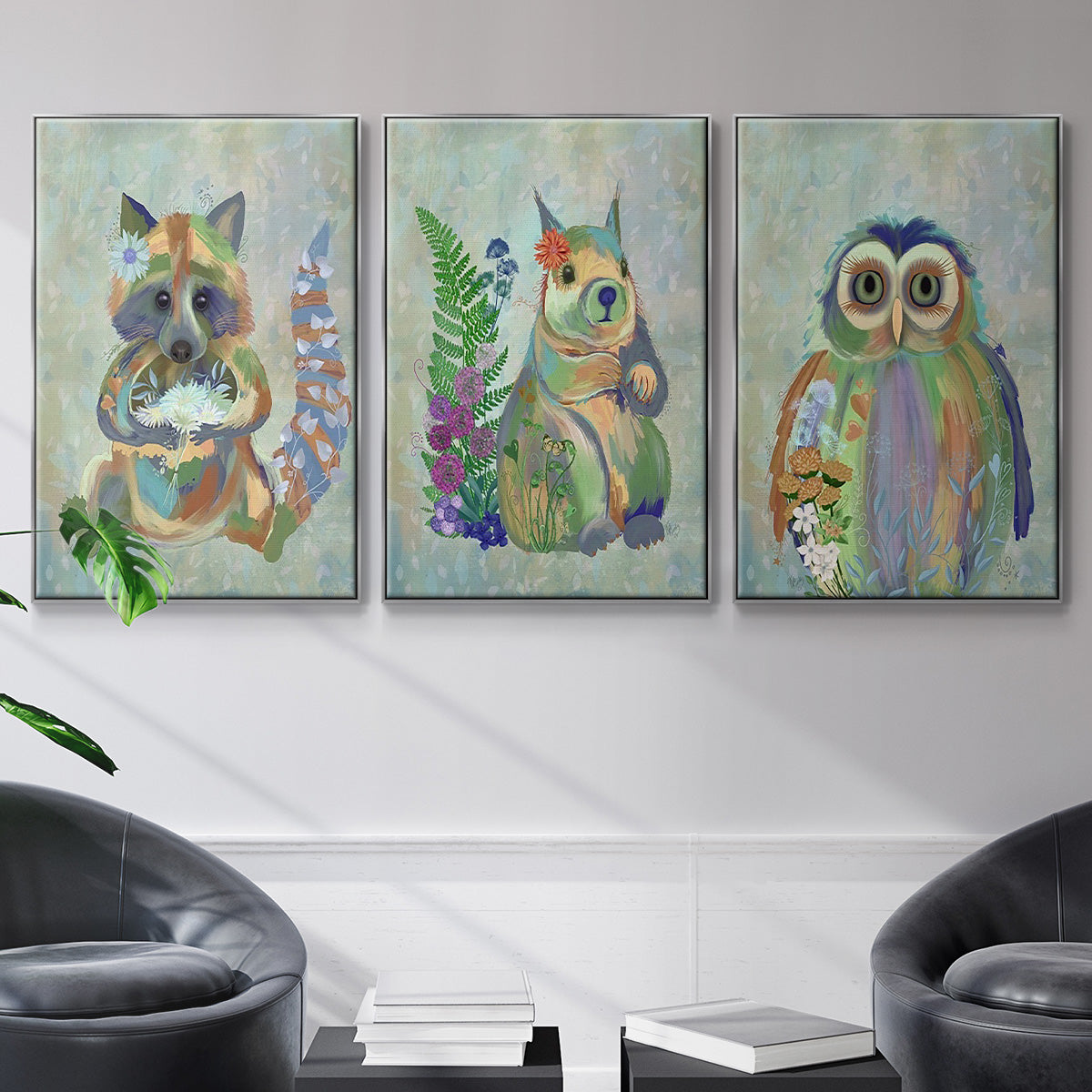 Fantastic Florals Owl - Framed Premium Gallery Wrapped Canvas L Frame 3 Piece Set - Ready to Hang