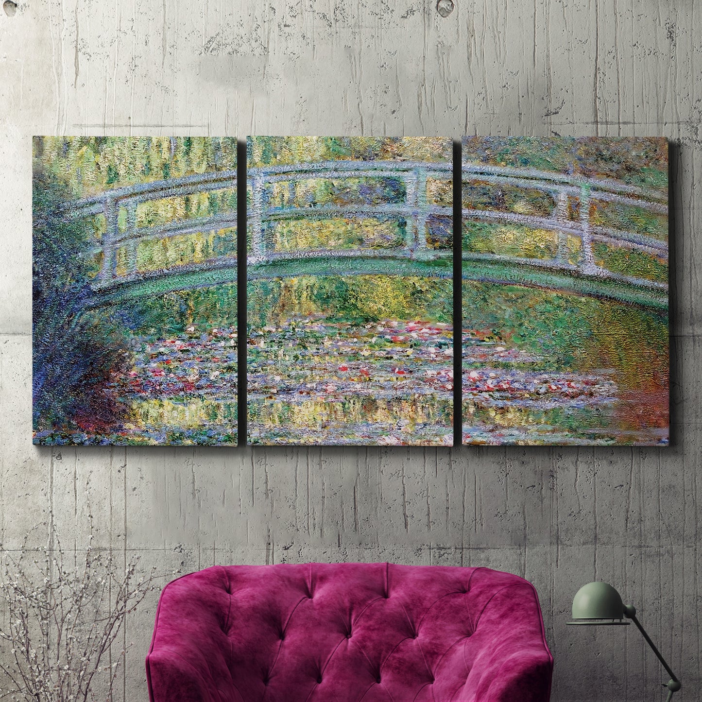 Three-panel canvas wall art featuring water lilies with arched bridge, displayed in a living room above a suede accent chair.