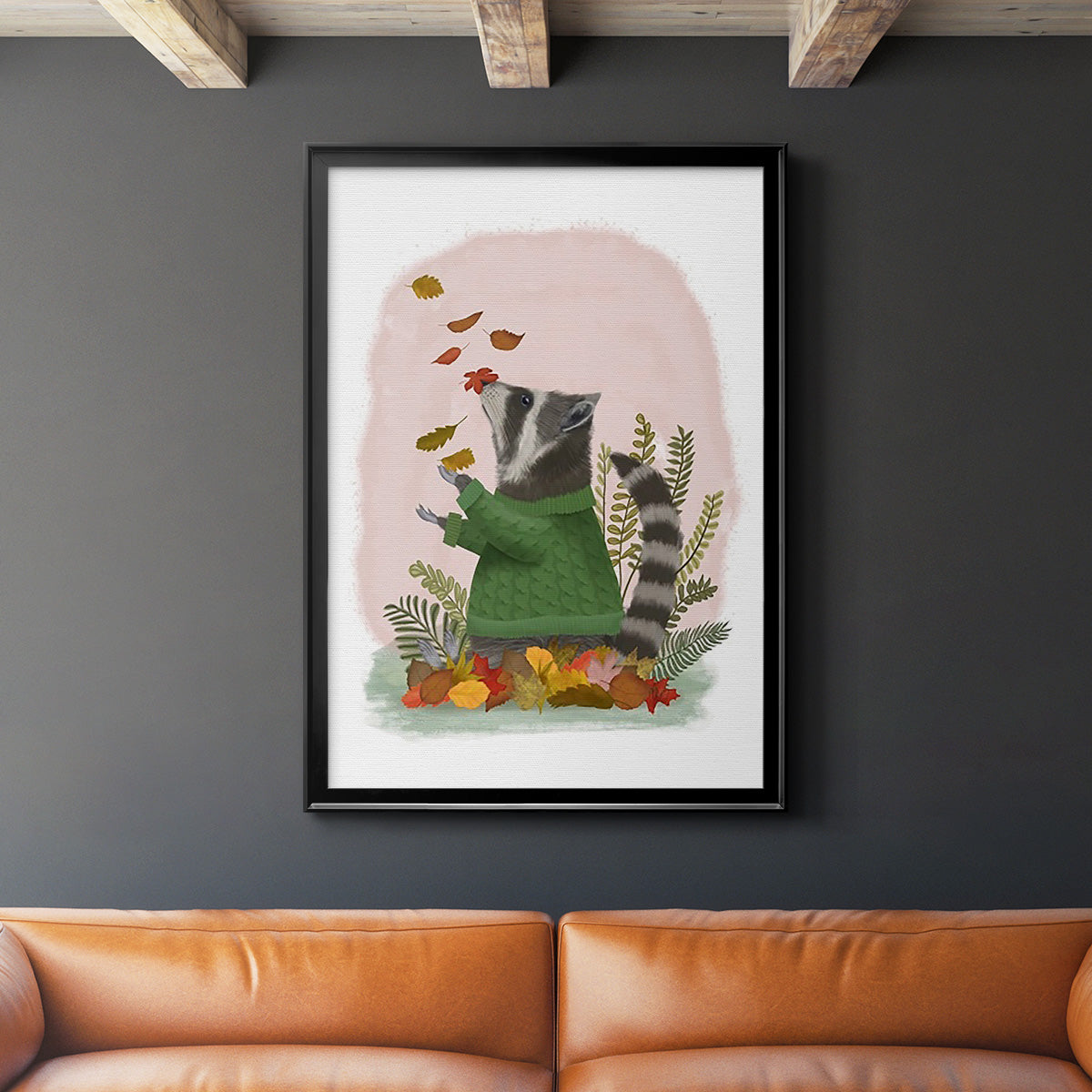 Raccoon Catching Leaves - Modern Framed Canvas Print