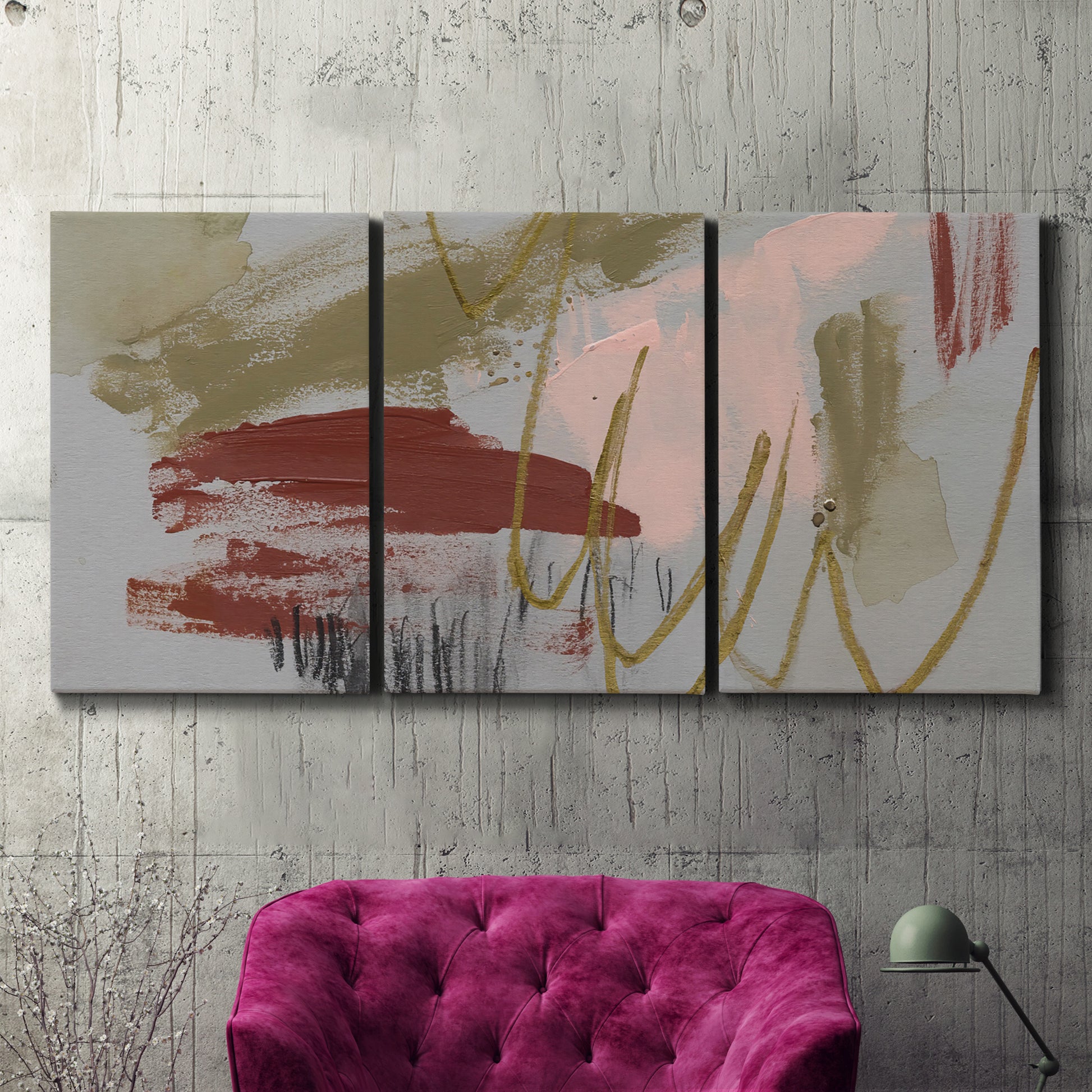 Three-panel canvas wall art featuring minimalist abstract line textures, displayed in a living room above a suede accent chair.