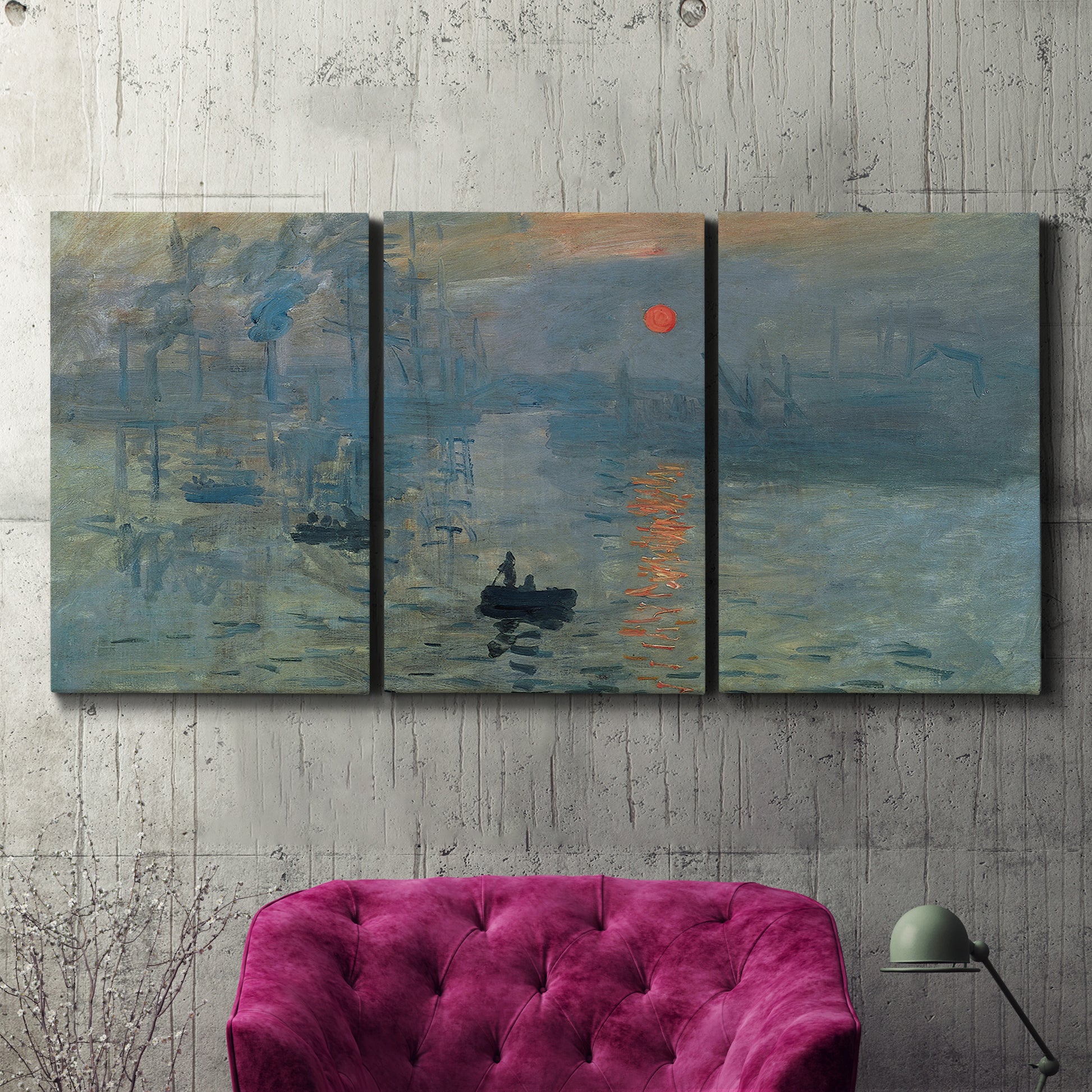 Three-panel canvas wall art featuring misty harbor sunrise with boats, displayed in a living room above a suede accent chair.