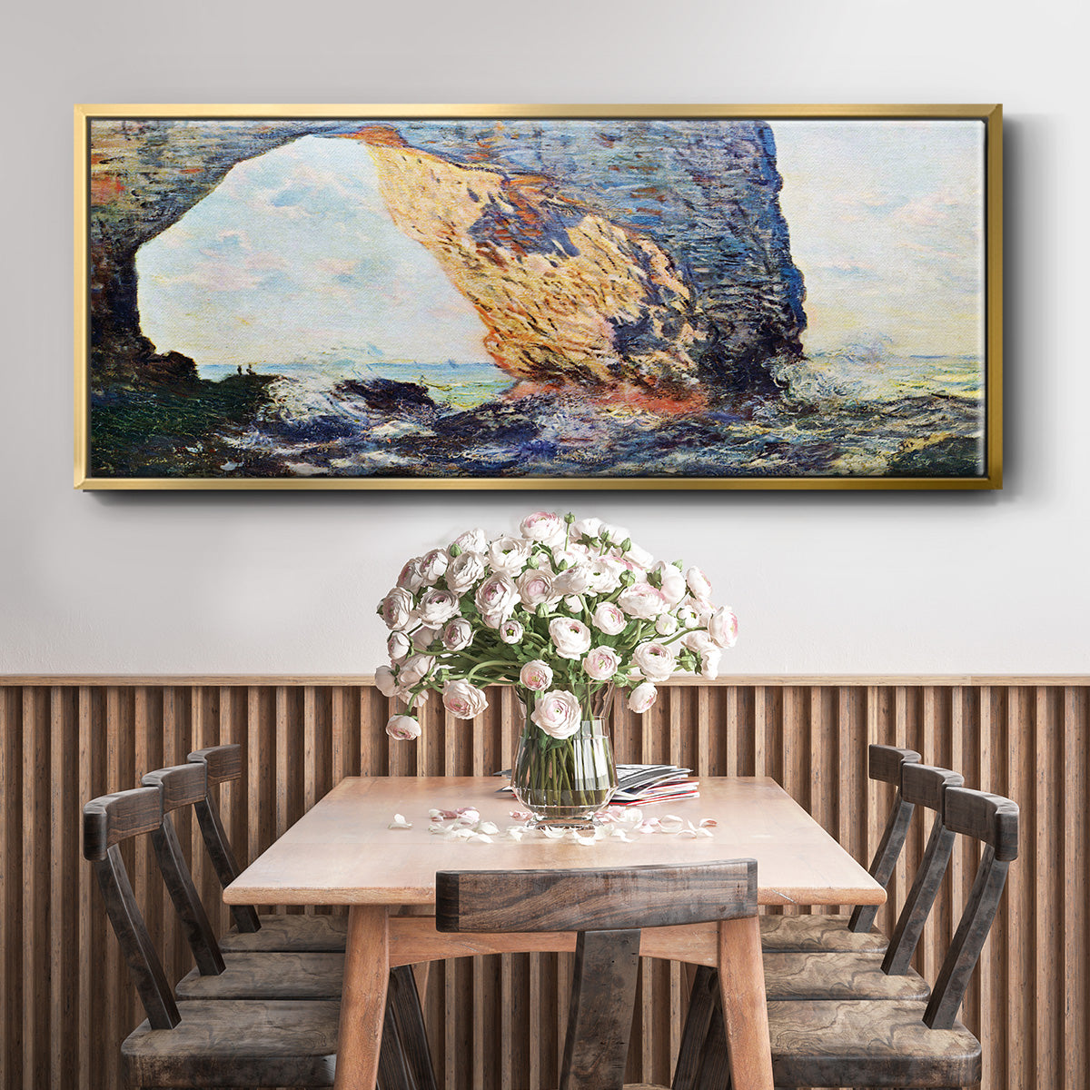 The rocky cliffs of Ã‰tretat (La Porte man) [1] by Monet - Floater Framed Canvas Print