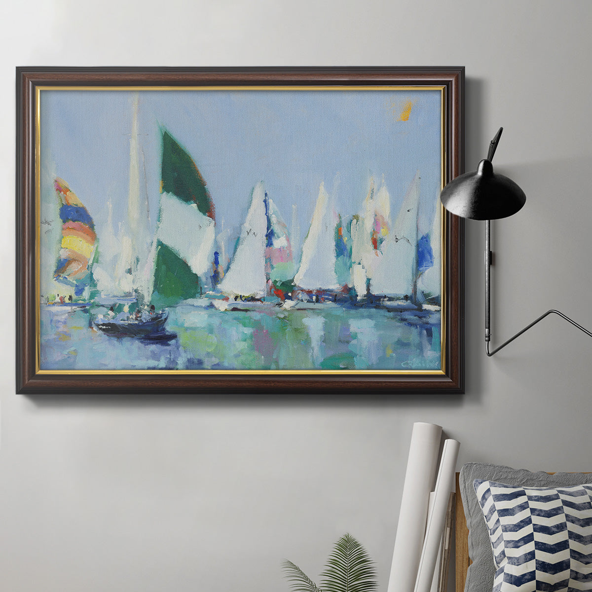Coastal harbor watercolor painting in an ornate mahogany wood frame with gold liner displayed in a neutral interior setting.