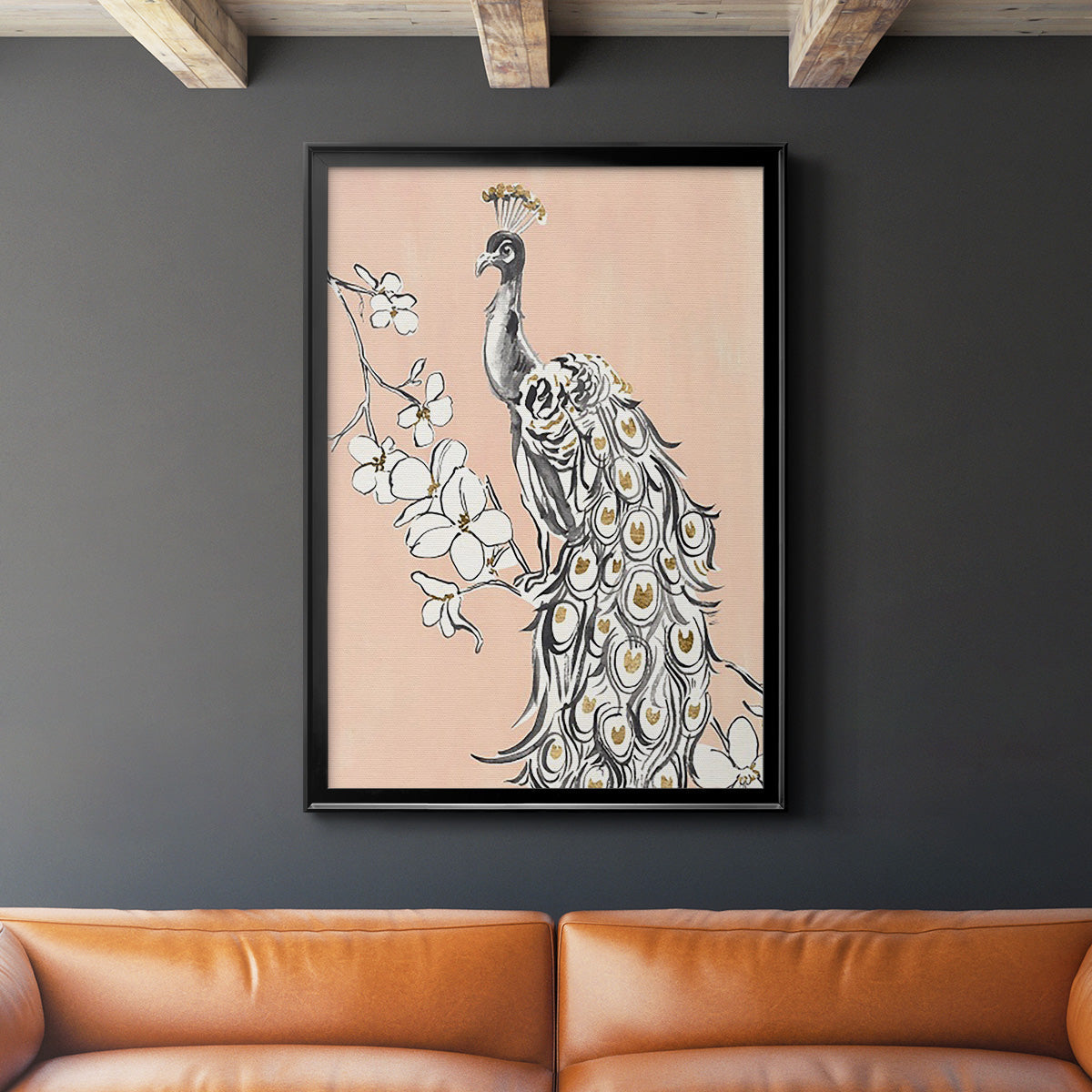 Peacock in Gold II - Modern Framed Canvas Print