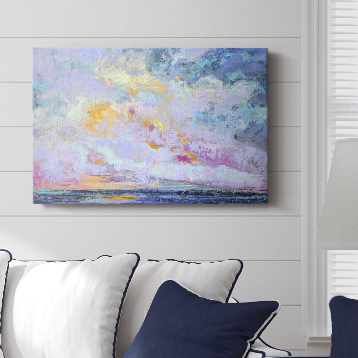 Vibrant sunset over tranquil ocean with pastel clouds, capturing the calming essence of twilight hours