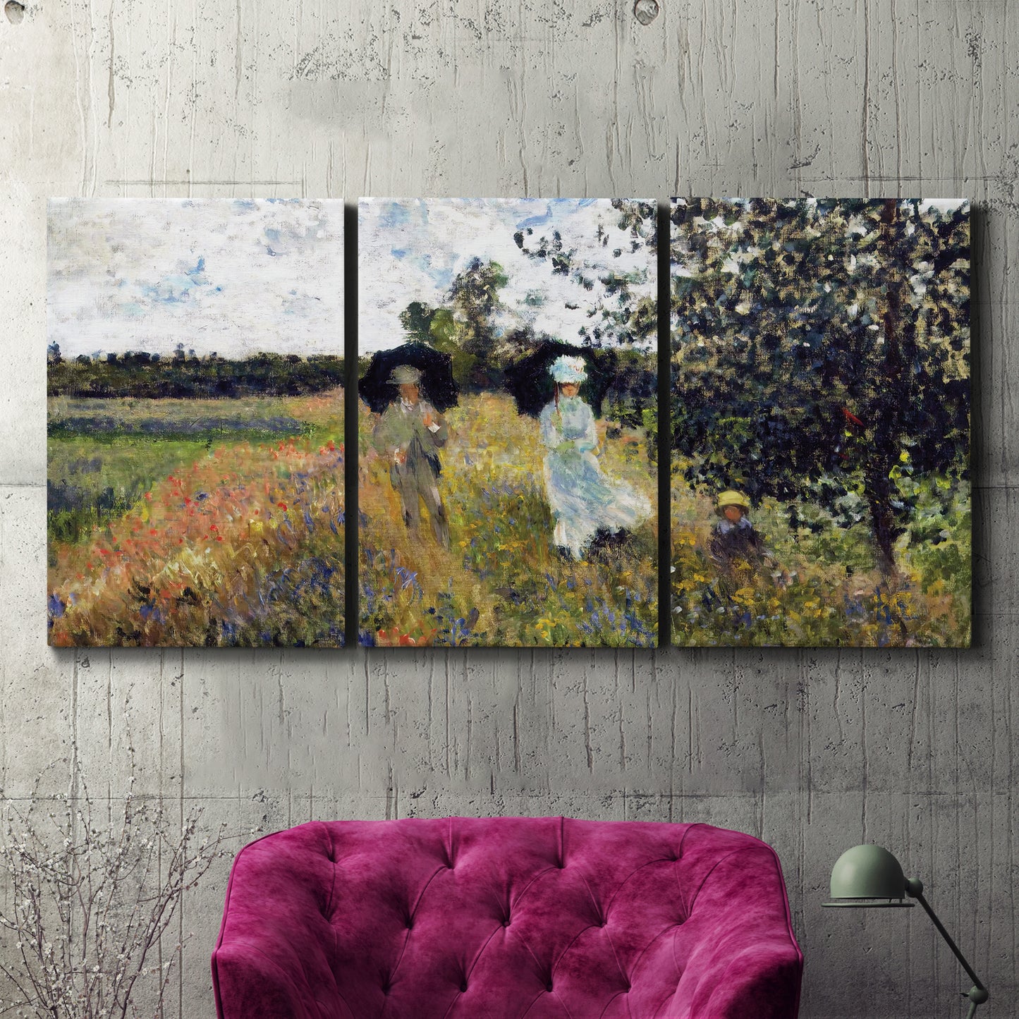 Three-panel canvas wall art featuring figures walking along riverbank, displayed in a living room above a suede accent chair.