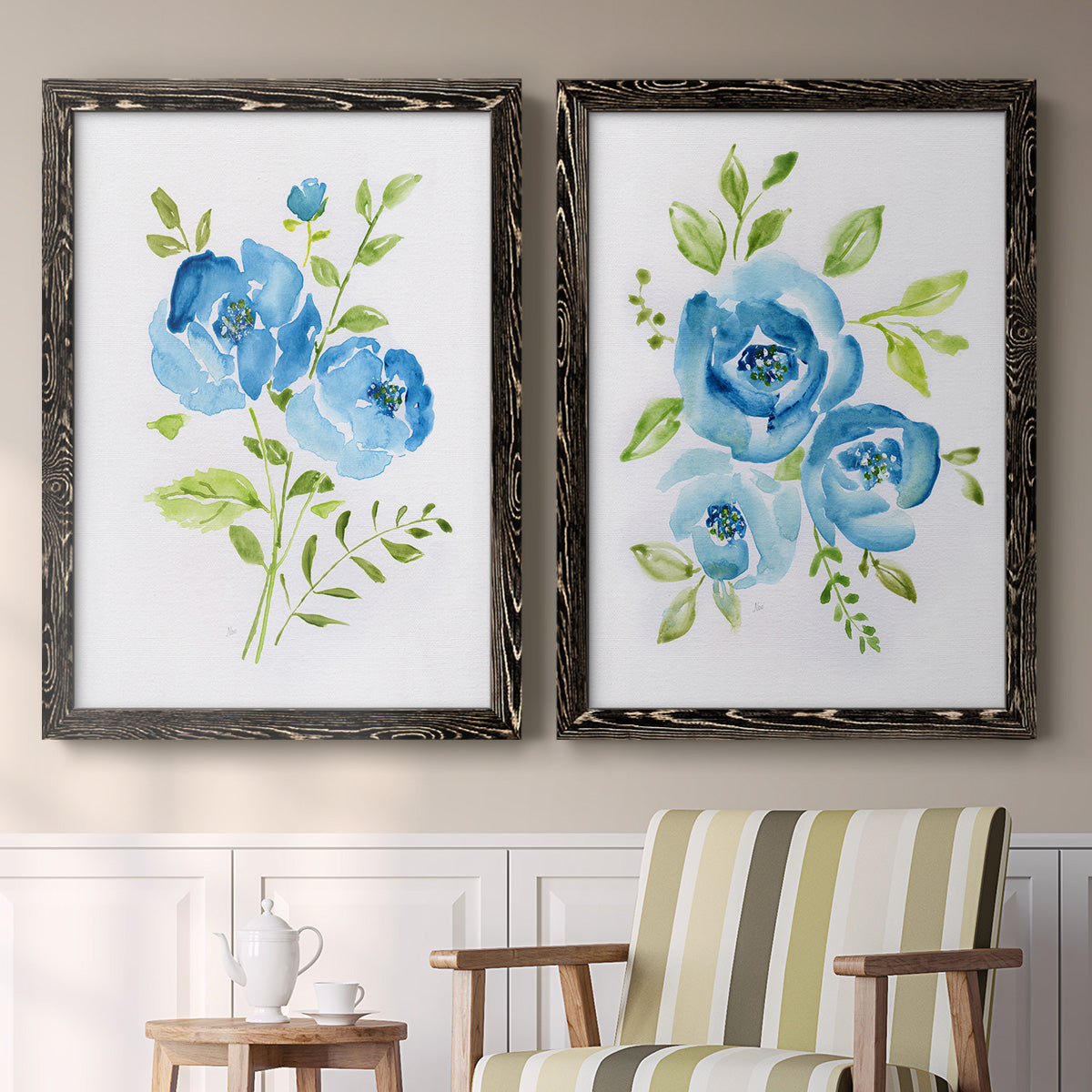 Blue Morning Bouquet I - Premium Framed Canvas 2 Piece Set - Ready to Hang