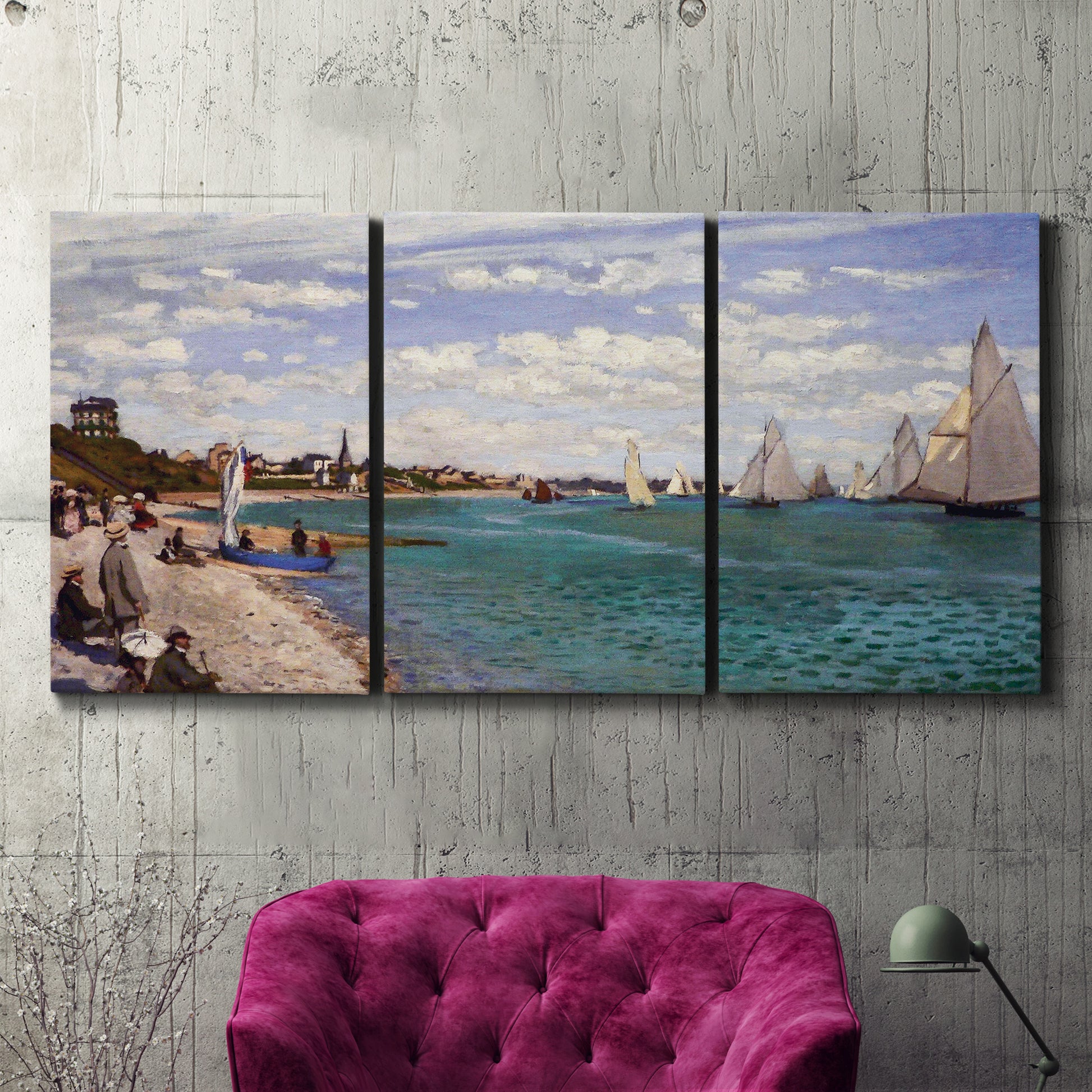 Three-panel canvas wall art featuring river basin with boats, displayed in a living room above a suede accent chair.