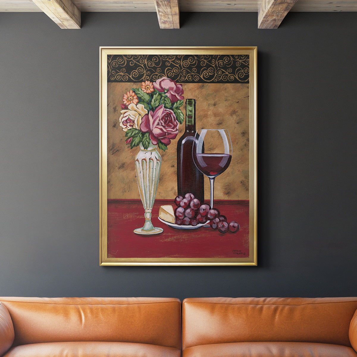 Vintage Flowers and Wine I - Modern Framed Canvas Print