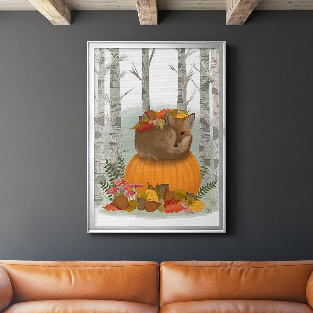 Fox Curled on Pumpkin - Modern Framed Canvas Print