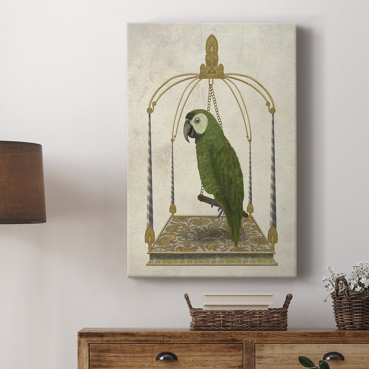 Green Parrot on Swing - Canvas Art Print