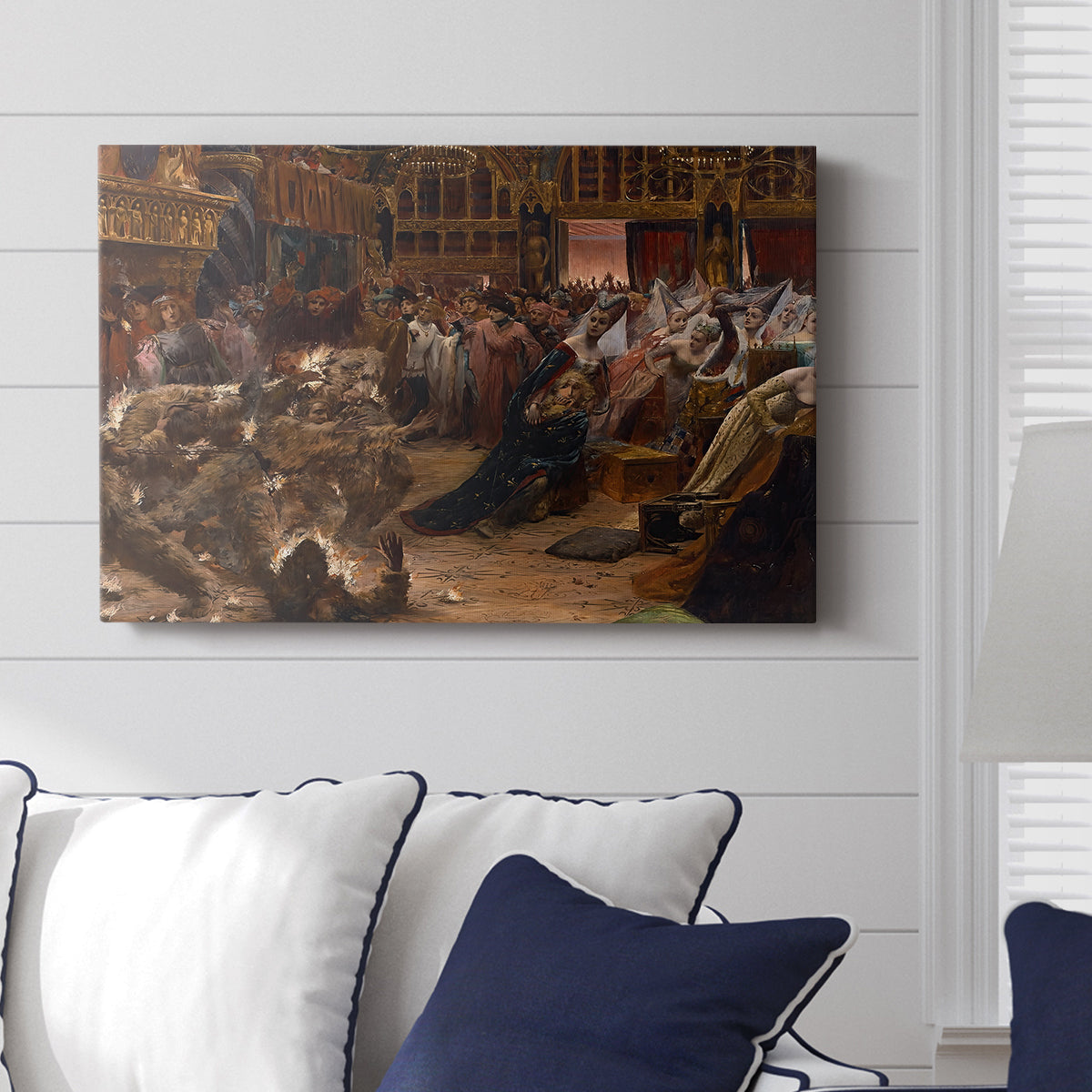 Canvas art print of a dramatic historical scene of figures in an ornate interior displayed above a bed in a modern bedroom.
