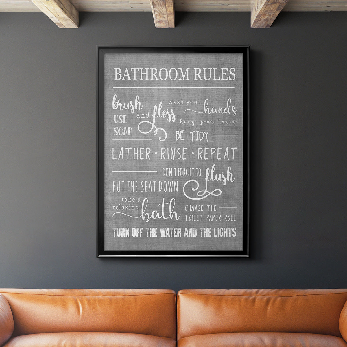 Neutral Bathroom Rules - Modern Framed Canvas Print