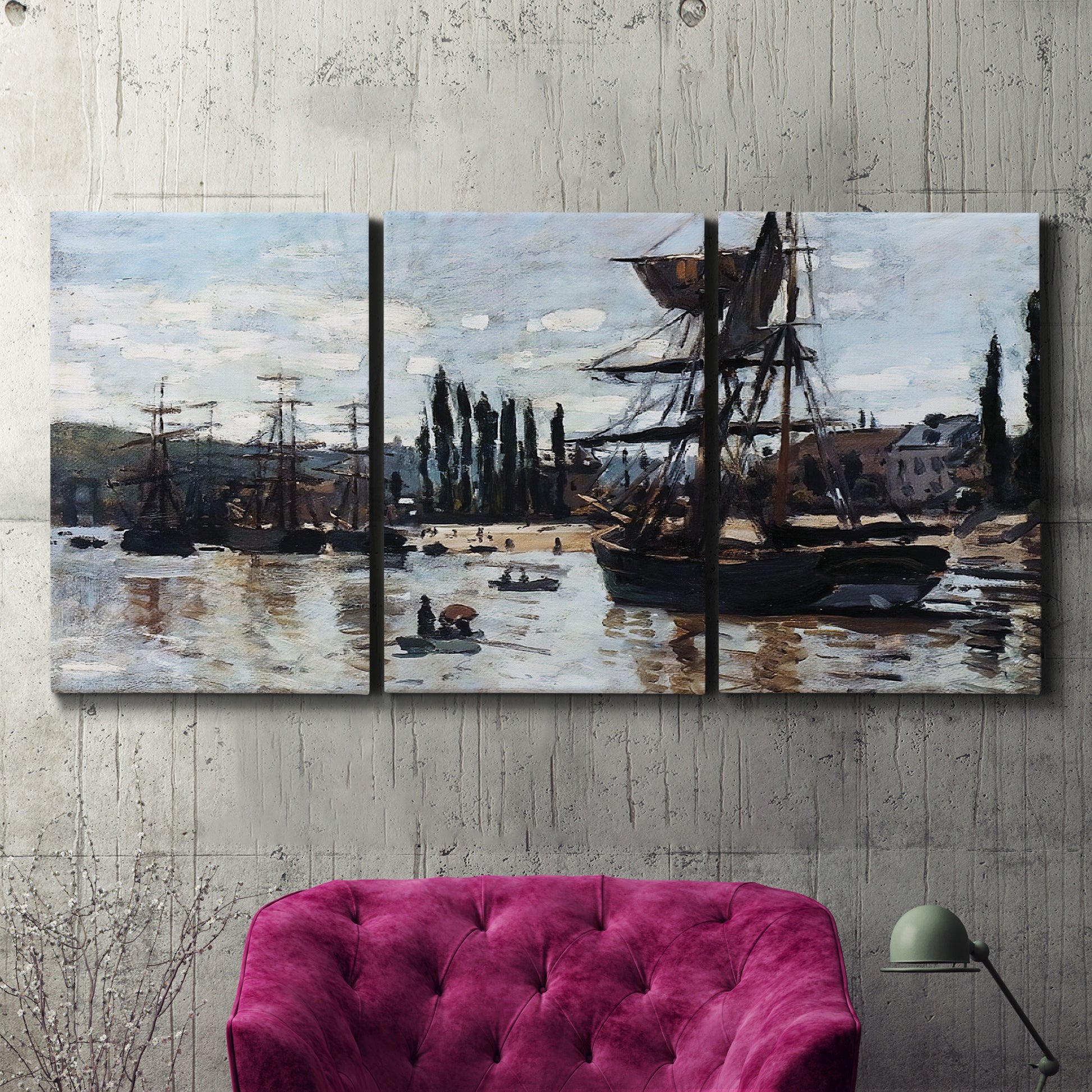 Three-panel canvas wall art featuring harbor scene with boats and quays, displayed in a living room above a suede accent chair.
