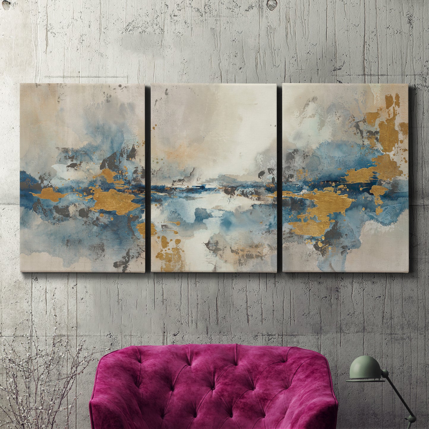 Three-panel canvas wall art featuring abstract soft morning light, displayed in a living room above a suede accent chair.