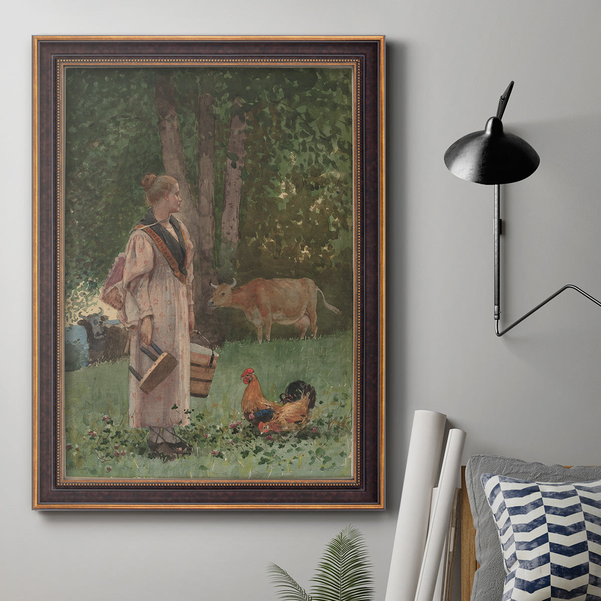 Realist genre scene of a milkmaid by Winslow Homer in an ornate bronzed mahogany wood frame displayed in a neutral interior setting.