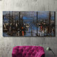 Three-panel canvas wall art featuring Le Havre port at night with lights, displayed in a living room above a suede accent chair.