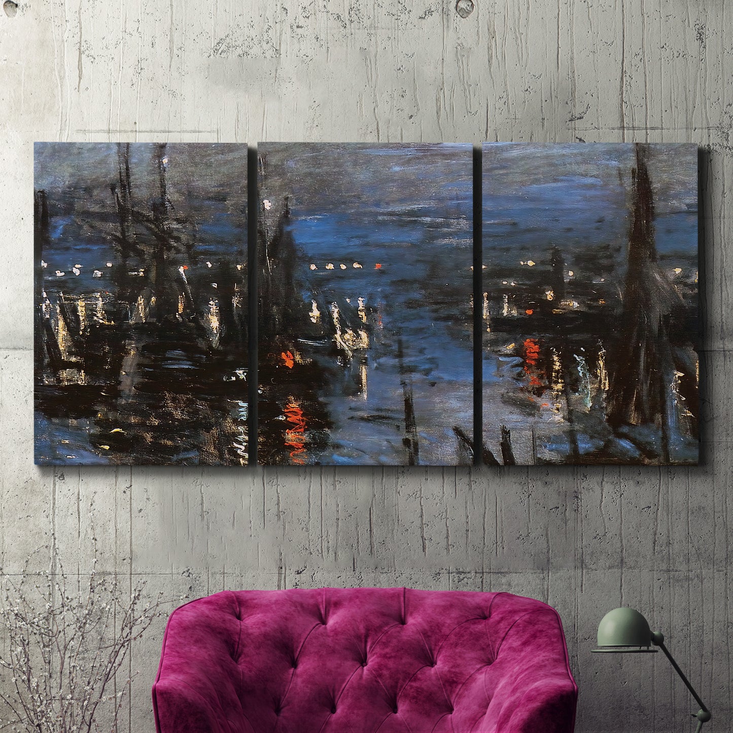 Three-panel canvas wall art featuring Le Havre port at night with lights, displayed in a living room above a suede accent chair.