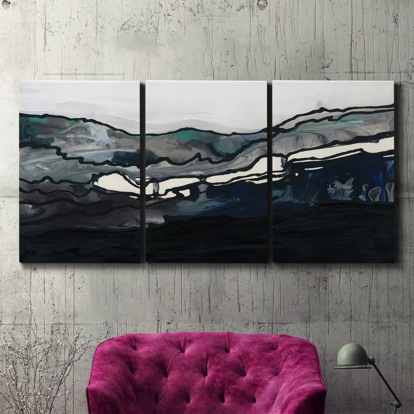 Three-panel canvas wall art featuring abstract passage of time composition, displayed in a living room above a suede accent chair.