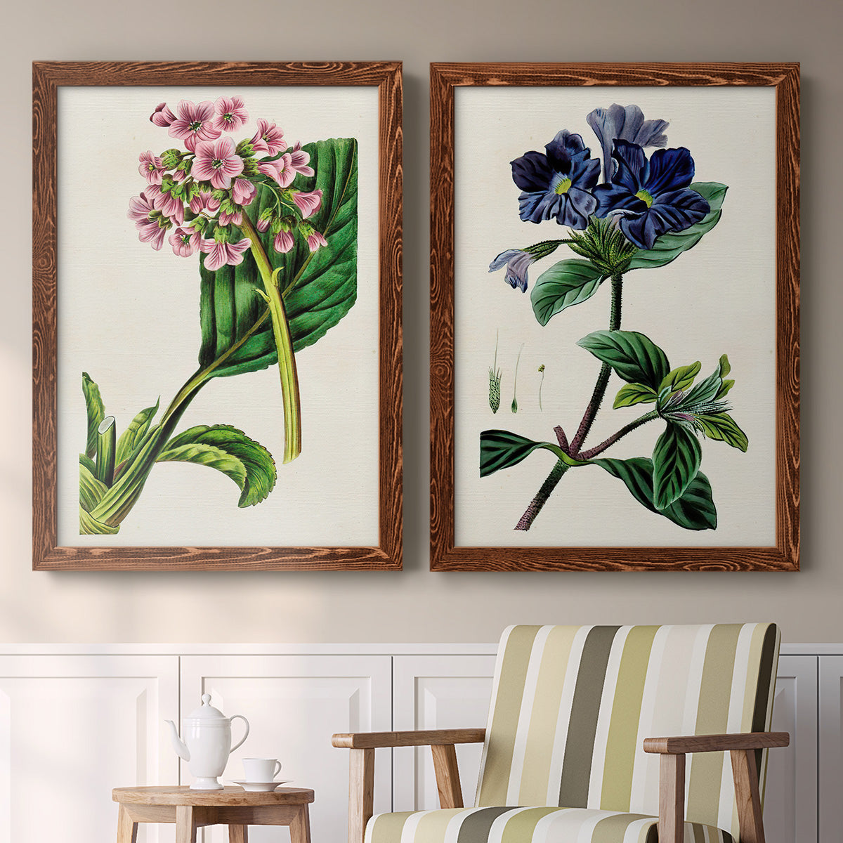 Set of two maple barnwood framed canvas prints depicting two antique botanical plate illustrations featuring colorful flowering plant specimens above a sideboard in a cozy sitting room.