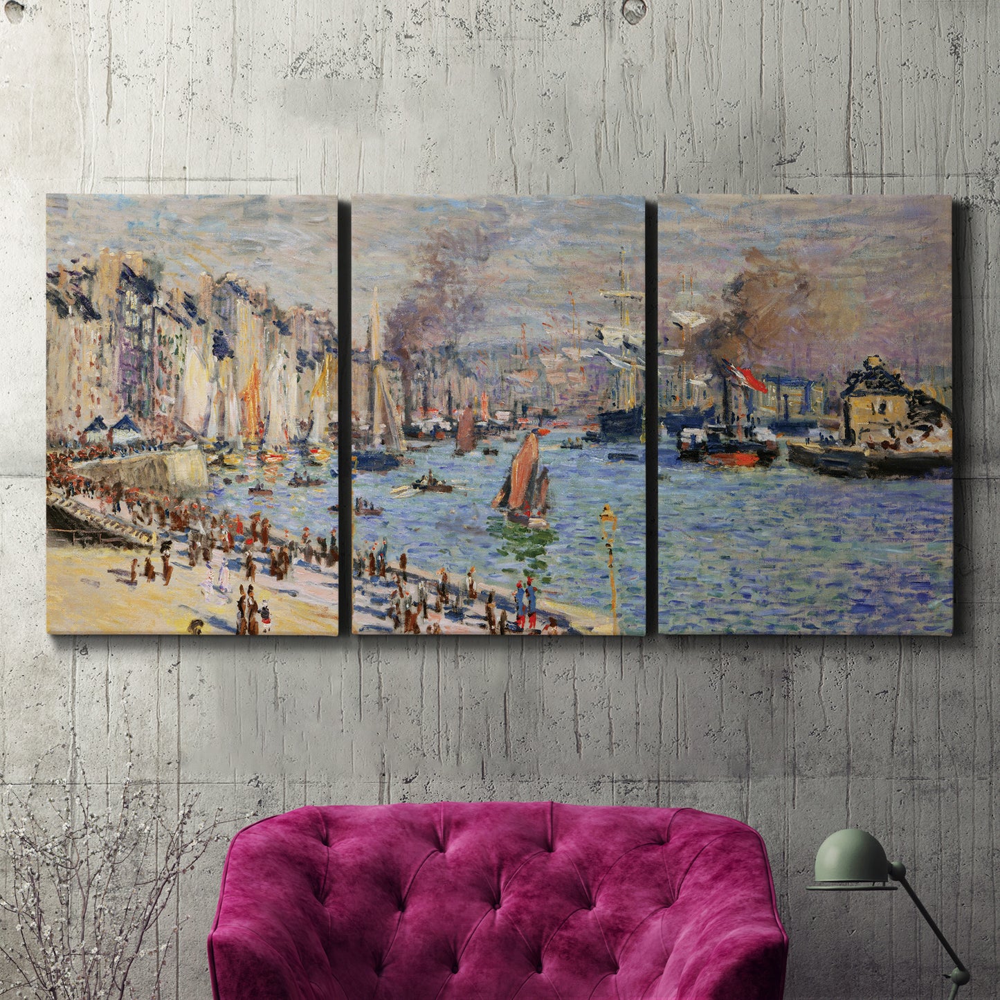 Three-panel canvas wall art featuring evening harbor with reflections, displayed in a living room above a suede accent chair.