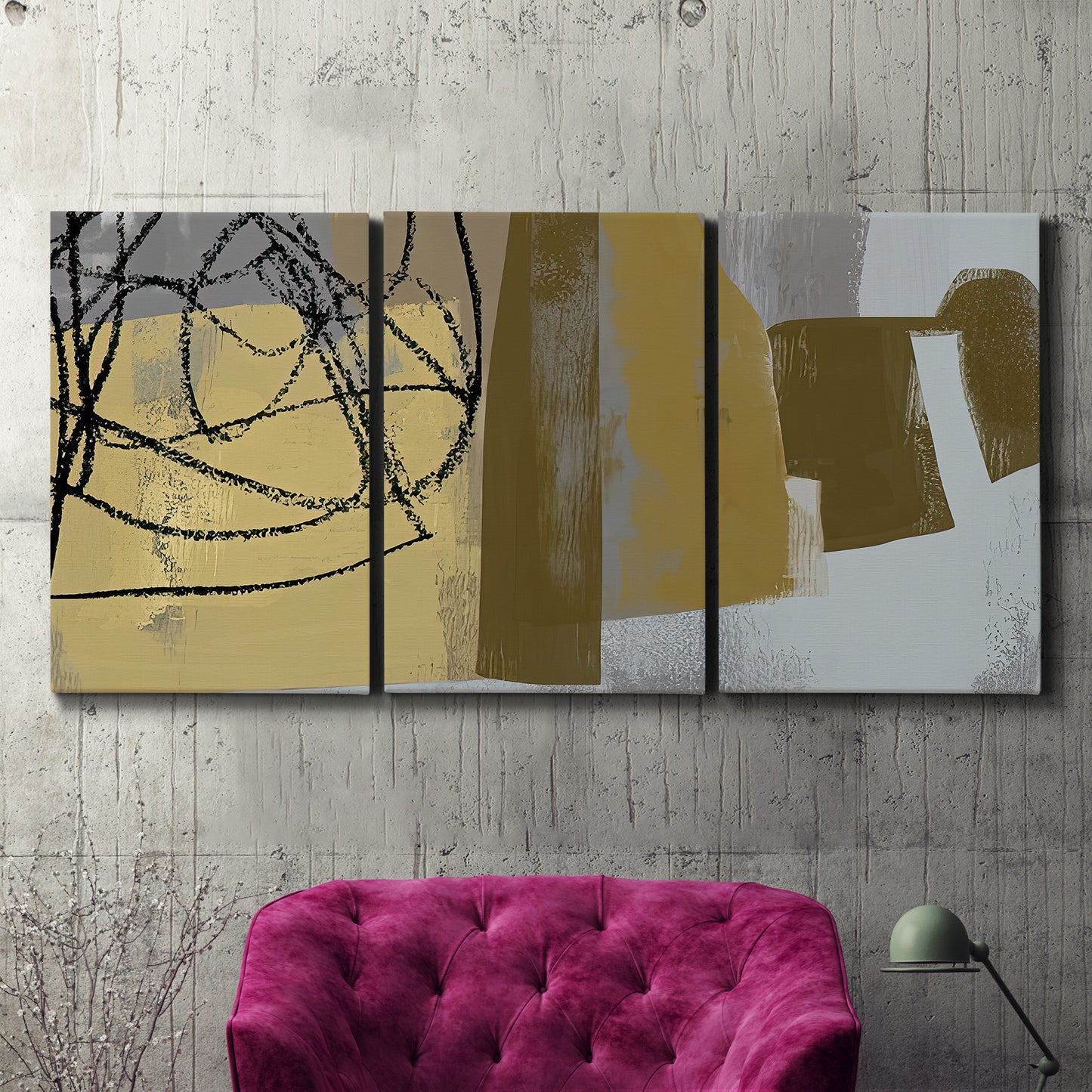 Three-panel canvas wall art featuring industrial abstract digital glitch pattern, displayed in a living room above a suede accent chair.